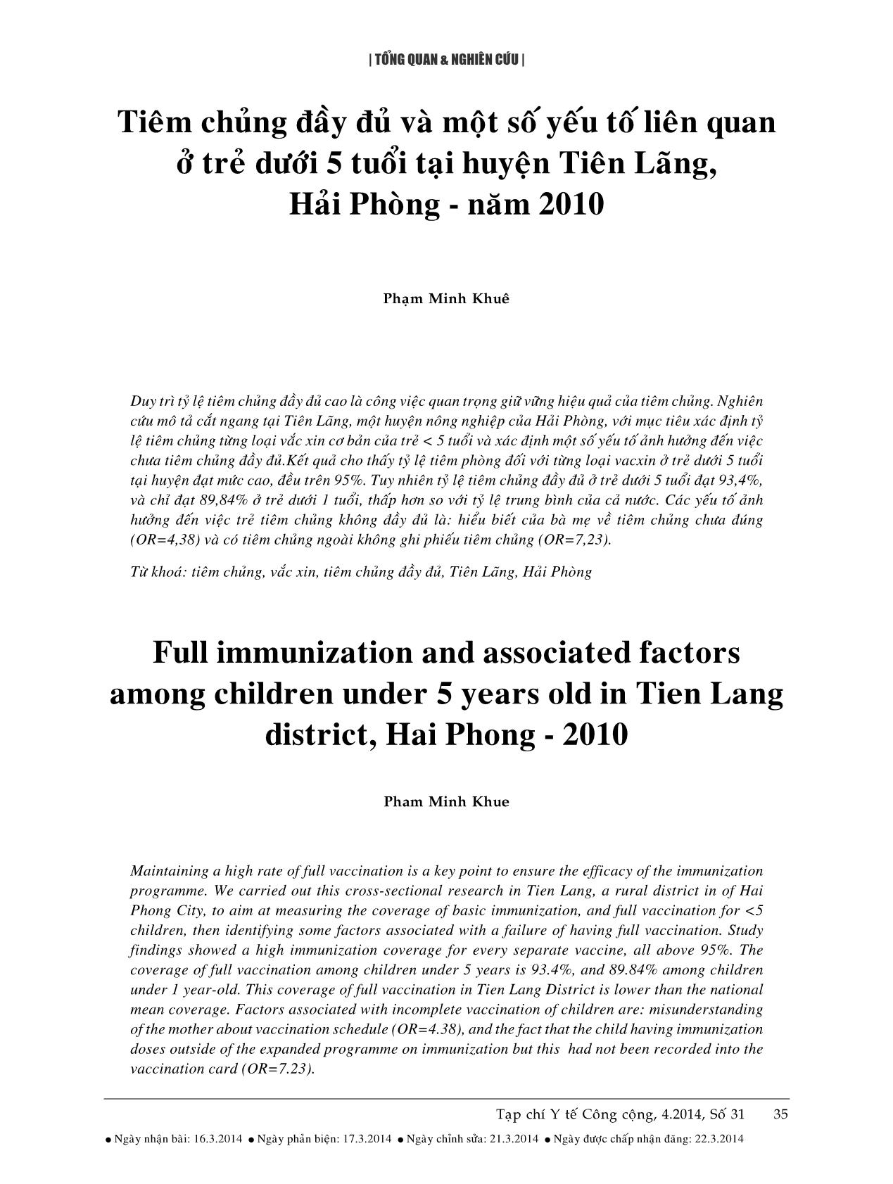 Tiêm chủng đầy đủ và một số yếu tố liên quan ở trẻ dưới 5 tuổi tại huyện Tiên Lãng, Hải Phòng - Năm 2010 trang 1