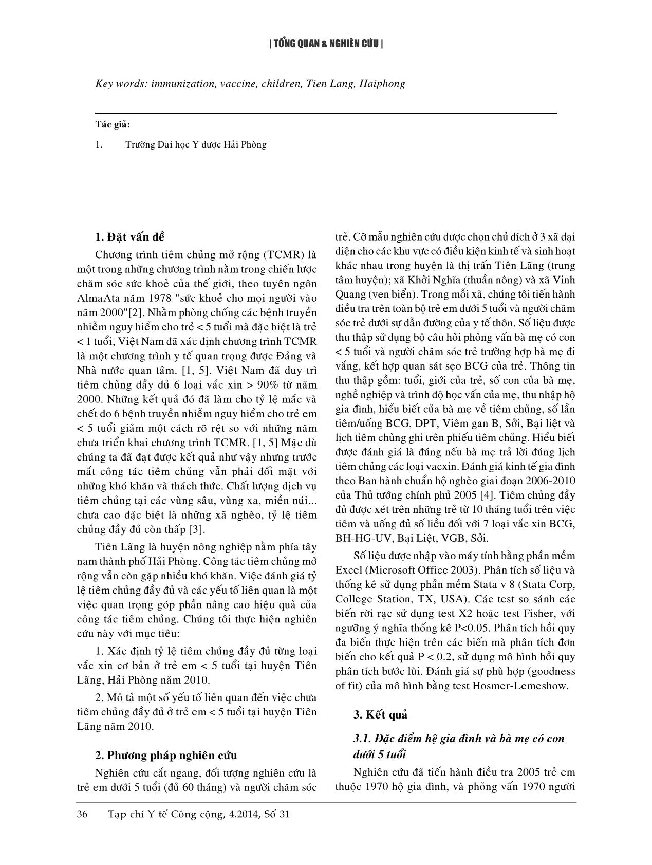 Tiêm chủng đầy đủ và một số yếu tố liên quan ở trẻ dưới 5 tuổi tại huyện Tiên Lãng, Hải Phòng - Năm 2010 trang 2