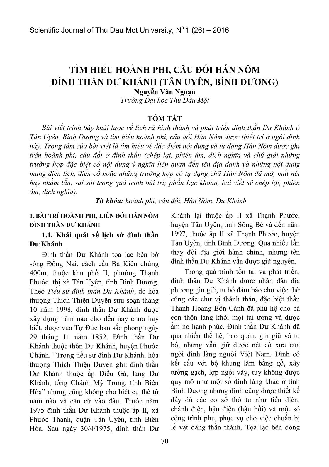 Tìm hiểu hoành phi, câu đối Hán Nôm đình thần dư khánh (Tân Uyên, Bình Dương) trang 1