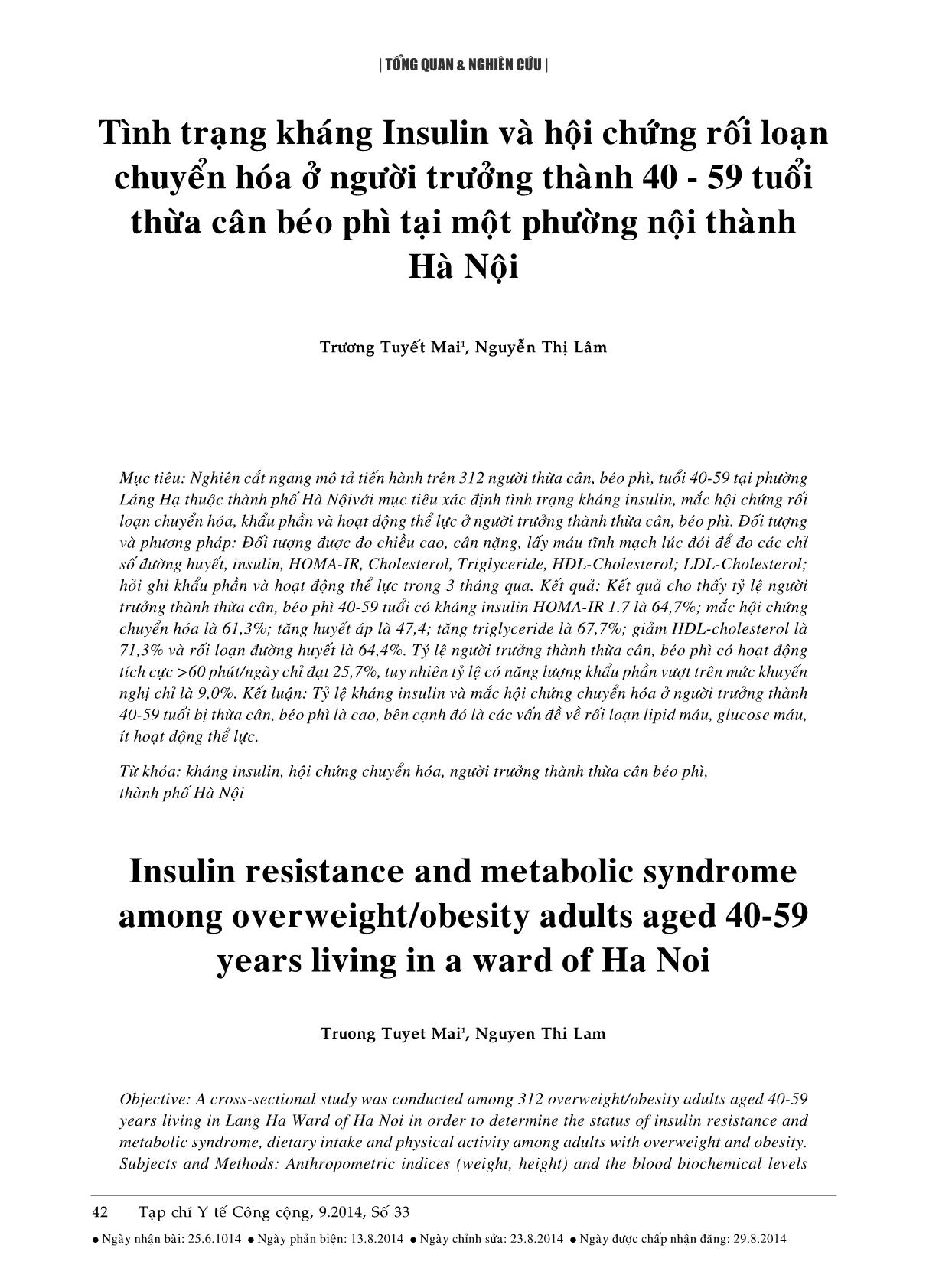 Tình trạng kháng Insulin và hội chứng rối loạn chuyển hóa ở người trưởng thành 40 - 59 tuổi thừa cân béo phì tại một phường nội thành Hà Nội trang 1