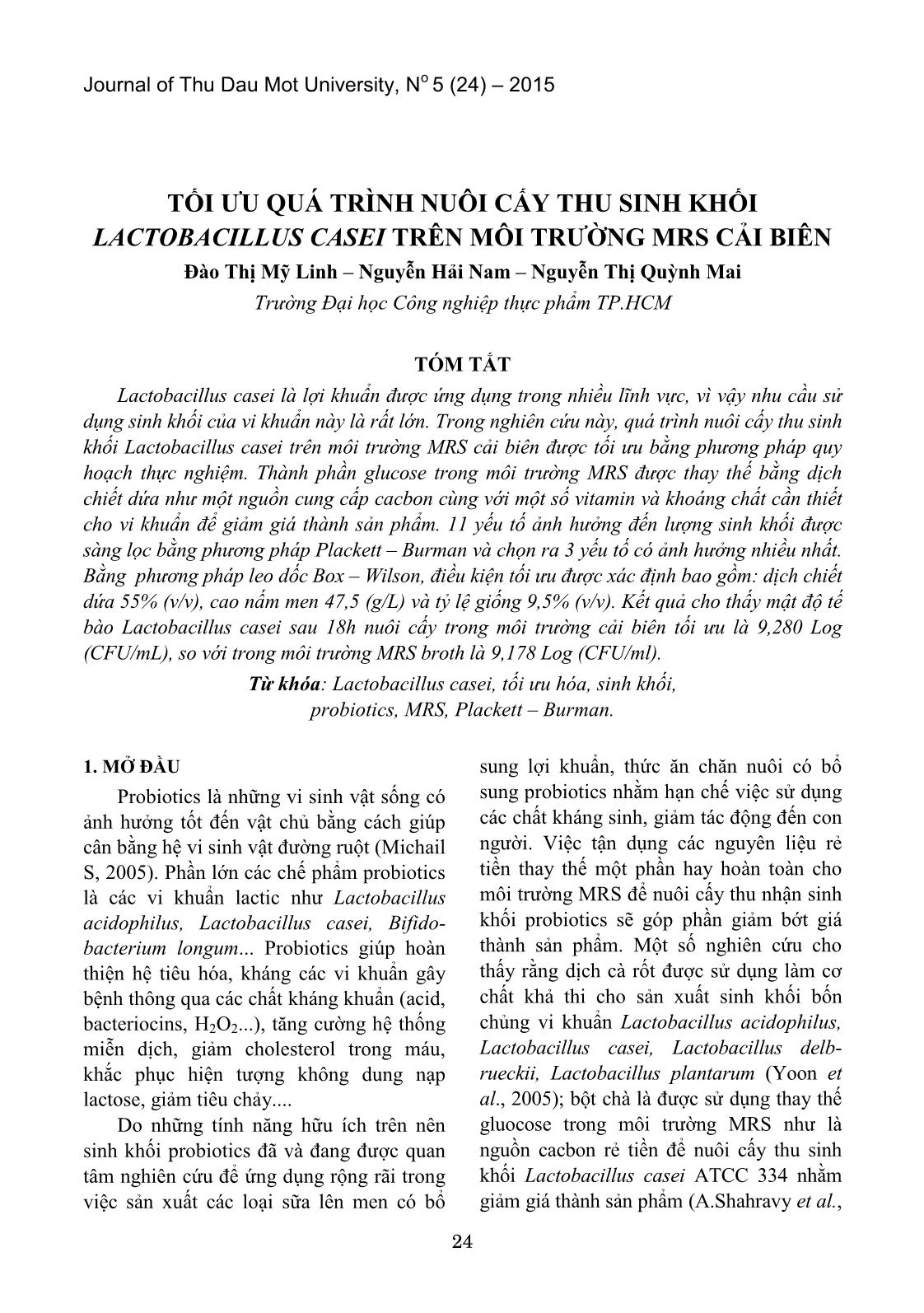 Tối ưu quá trình nuôi cấy thu sinh khối Lactobacillus Casei trên môi trường MRS cải biên trang 1