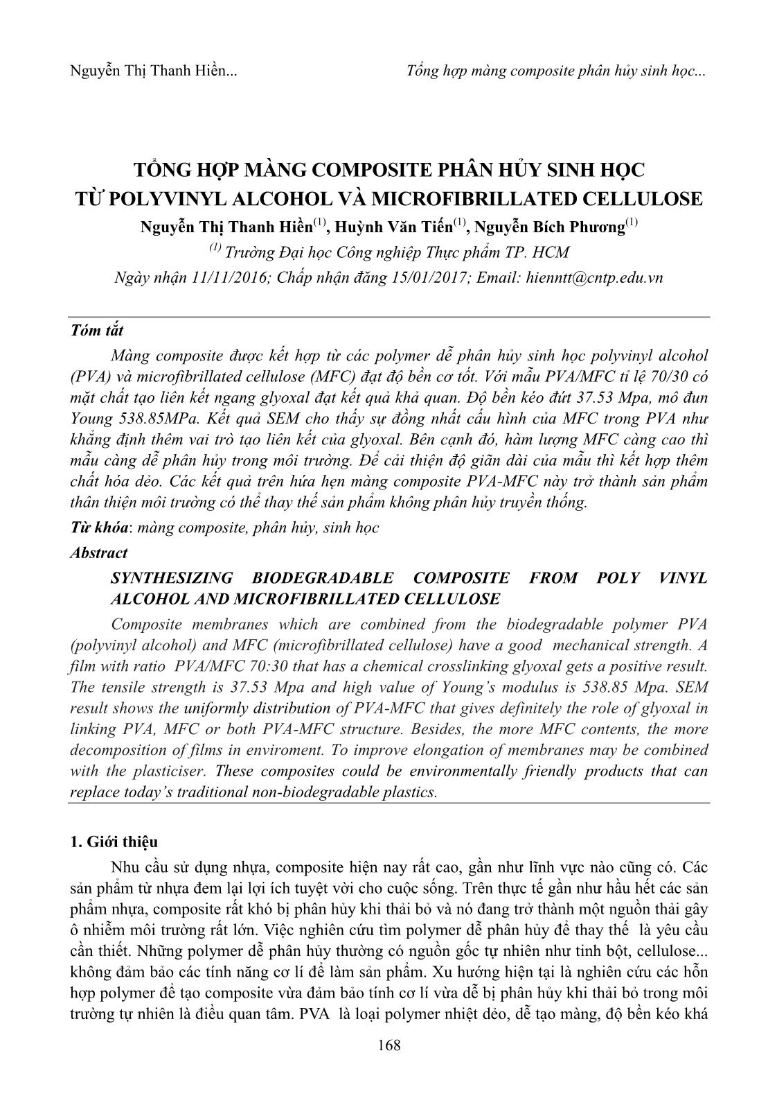 Tổng hợp màng Composite phân hủy sinh học từ Polyvinyl Alcohol và Microfibrillated Cellulose trang 1