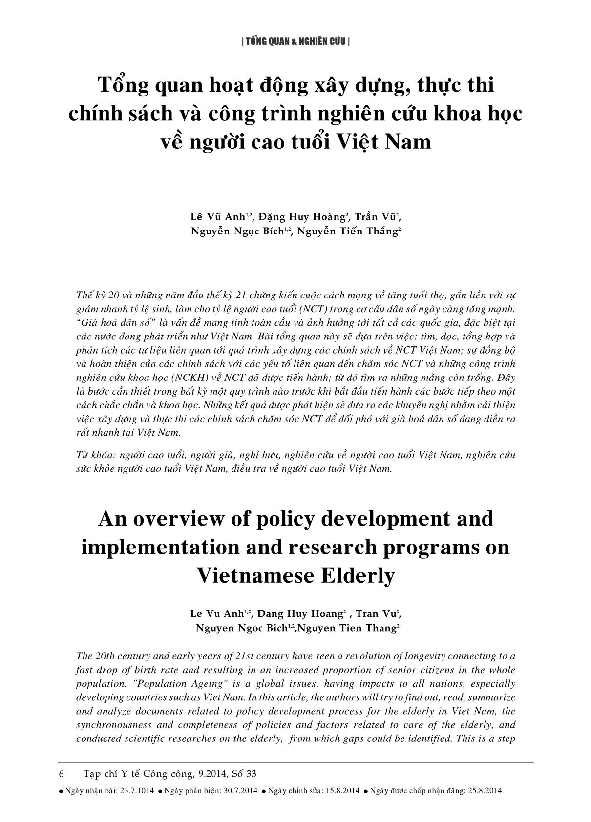 Tổng quan hoạt động xây dựng, thực thi chính sách và công trình nghiên cứu khoa học về người cao tuổi Việt Nam trang 1