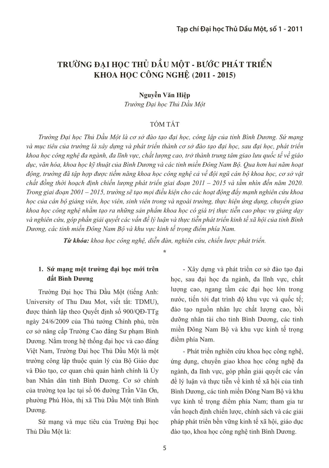 Trường đại học Thủ Dầu Một - Bước phát triển khoa học công nghệ (2011 - 2015) trang 1