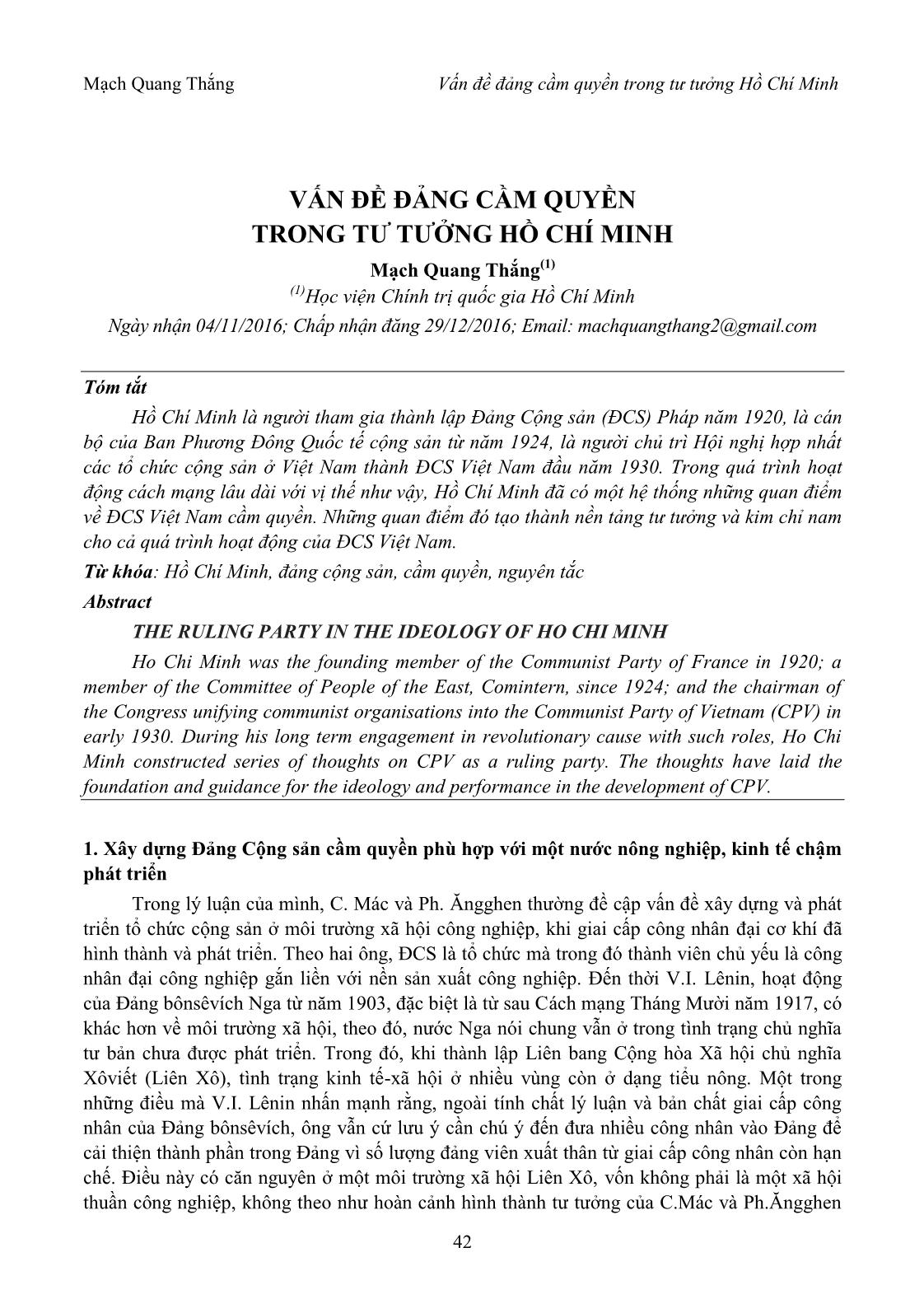 Vấn đề đảng cầm quyền trong tư tưởng Hồ Chí Minh trang 1