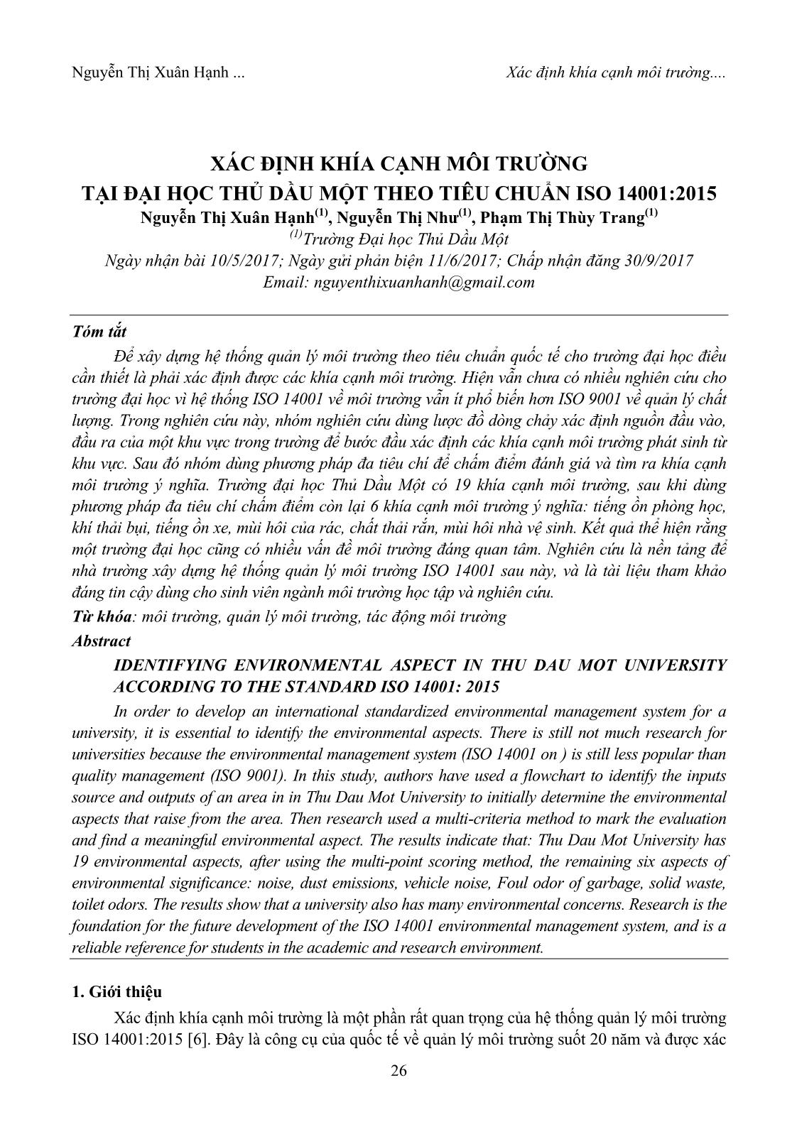 Xác định khía cạnh môi trường tại Đại học Thủ Dầu Một theo tiêu chuẩn ISO 14001:2015 trang 1