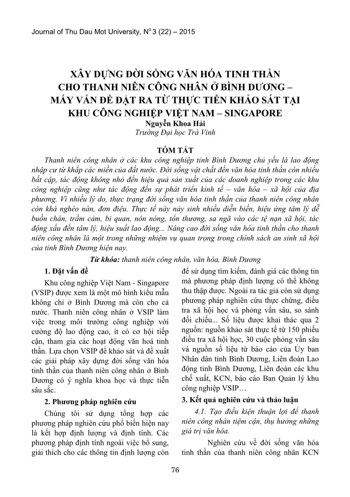 Xây dựng đời sống văn hóa tinh thần cho thanh niên công nhân ở Bình Dương – mấy vấn đề đặt ra từ thực tiễn khảo sát tại khu công nghiệp Việt Nam – Singapore trang 1