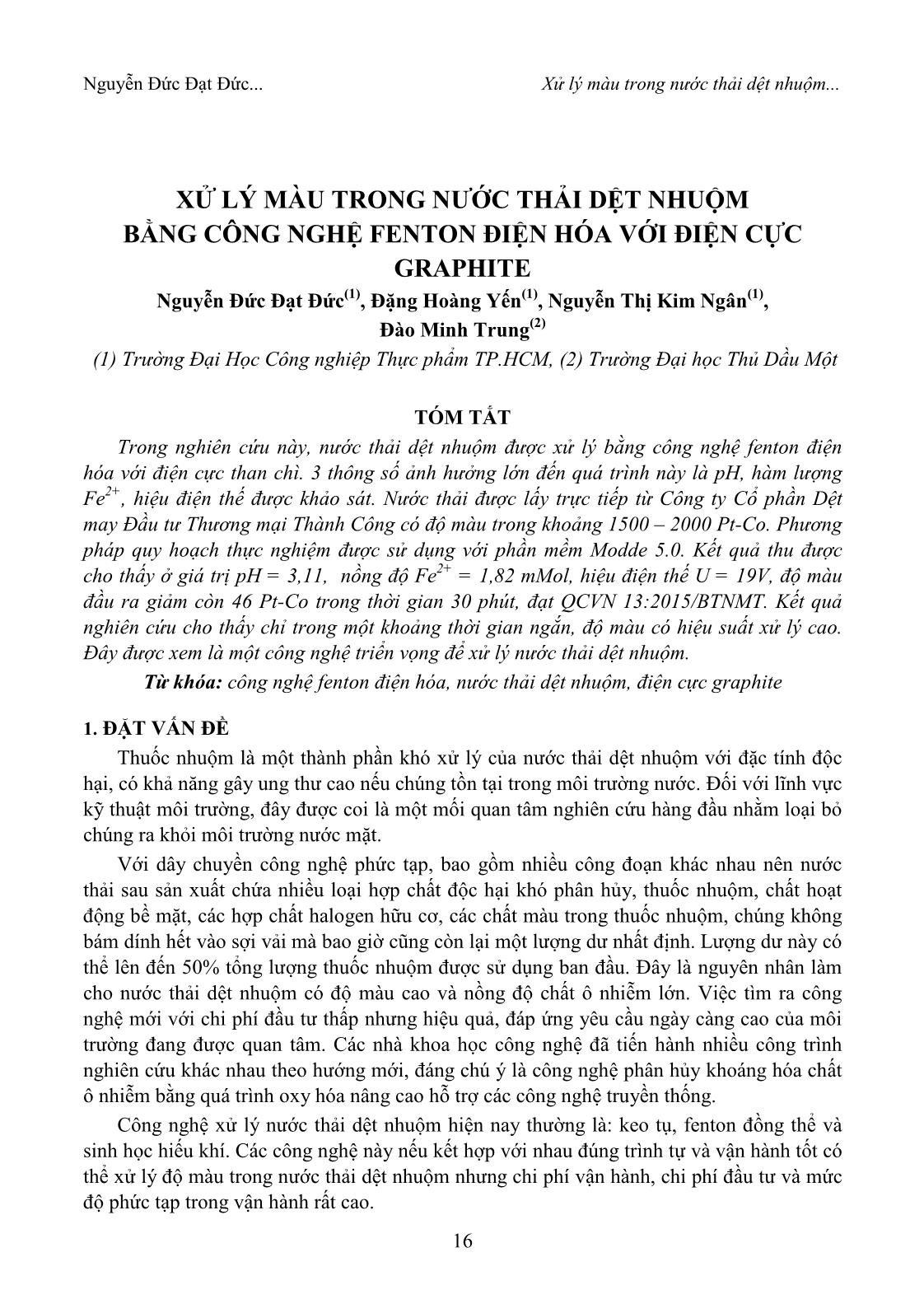 Xử lý màu trong nước thải dệt nhuộm bằng công nghệ Fenton điện hóa với điện cực Graphite trang 1