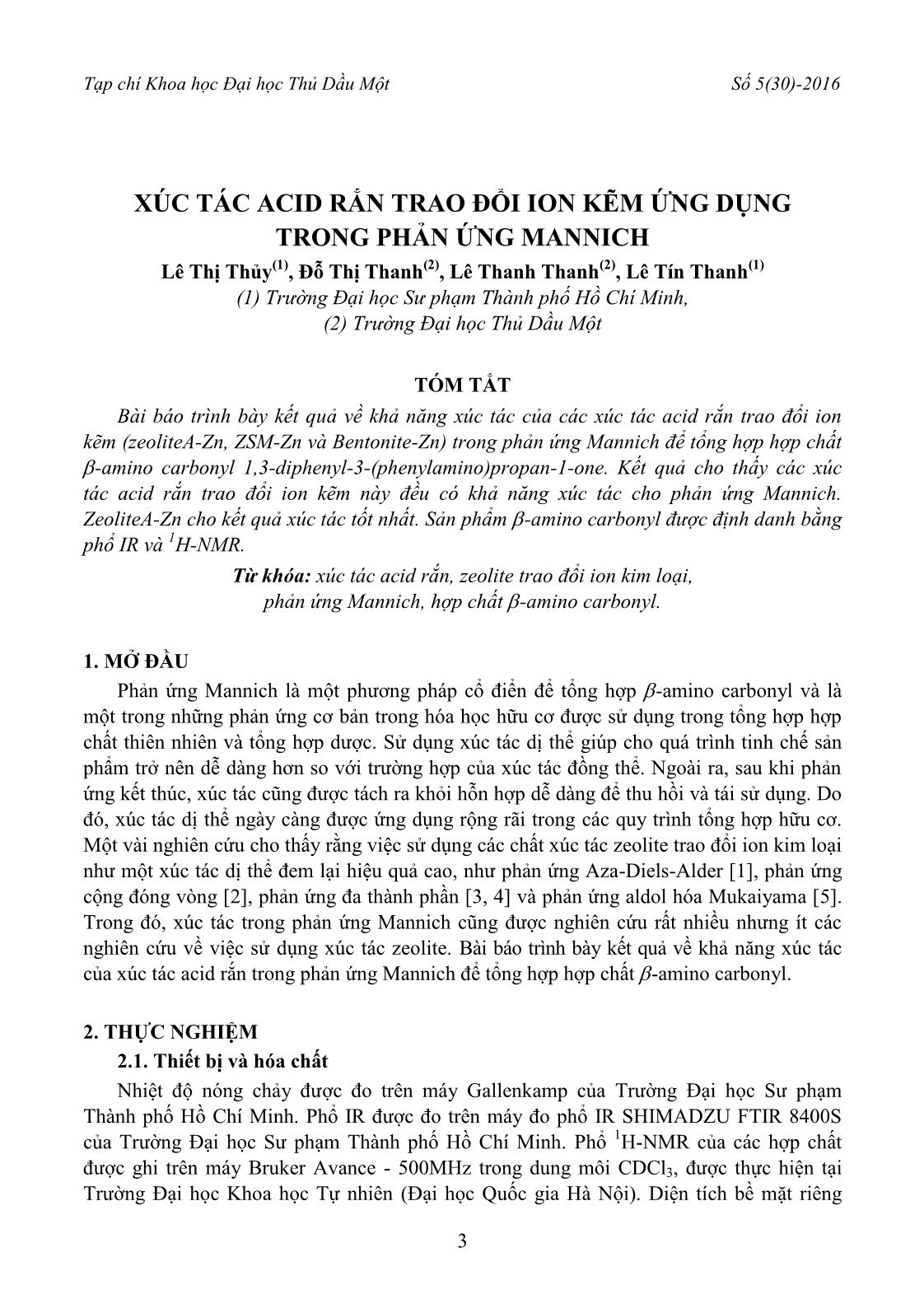 Xúc tác Acid rắn trao đổi Ion kẽm ứng dụng trong phản ứng Mannich trang 1