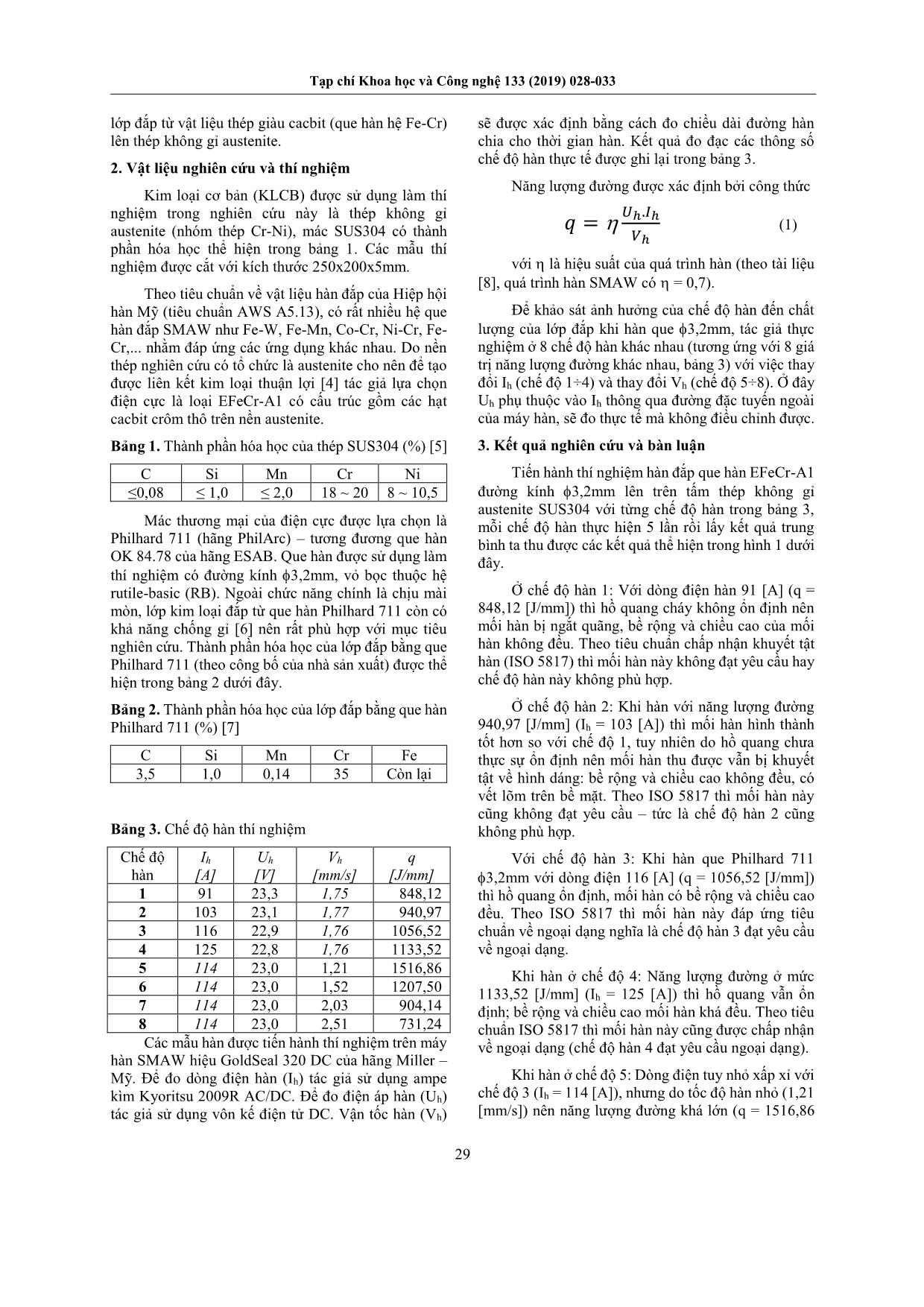 Ảnh hưởng của chế độ hàn hồ quang đến lớp hàn đắp bằng điện cực EFeCr-A1 trên nền thép không gỉ austenite trang 2