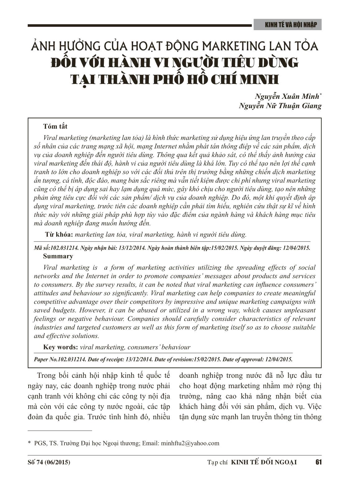 Ảnh hưởng của hoạt động marketing lan tỏa đối với hành vi người tiêu dùng tại thành phố Hồ Chí Minh trang 1