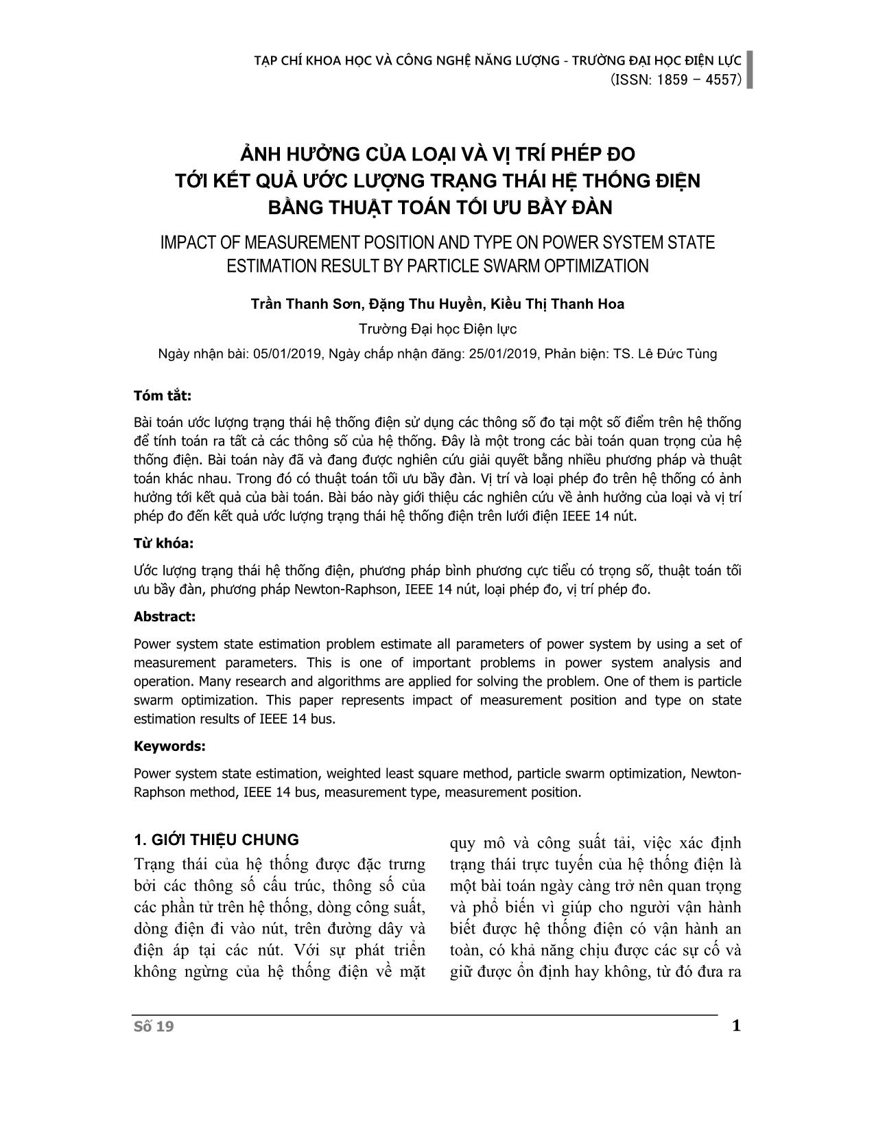 Ảnh hưởng của loại và vị trí phép đo tới kết quả ước lượng trạng thái hệ thống điện bằng thuật toán tối ưu bầy đàn trang 1