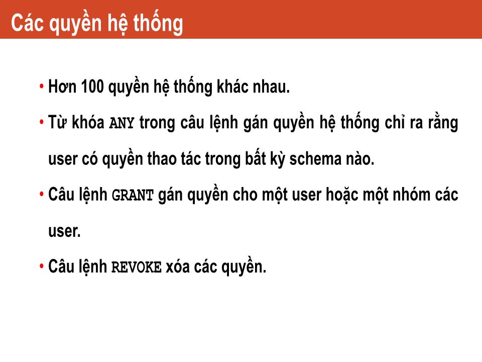 Bài giảng Công nghệ Oracle - Chương 10: Quản lý quyền - Nguyễn Việt Hưng trang 4