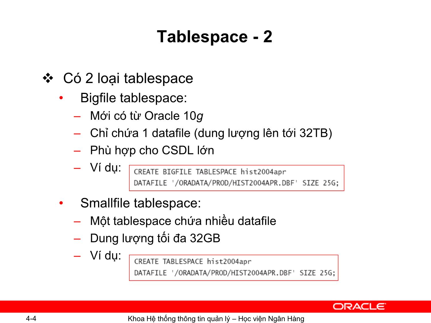 Bài giảng Hệ quản trị cơ sơ dữ liệu Oracle - Chương 4: Các đối tượng trong cơ sở dữ liệu - Ngô Thùy Linh trang 4