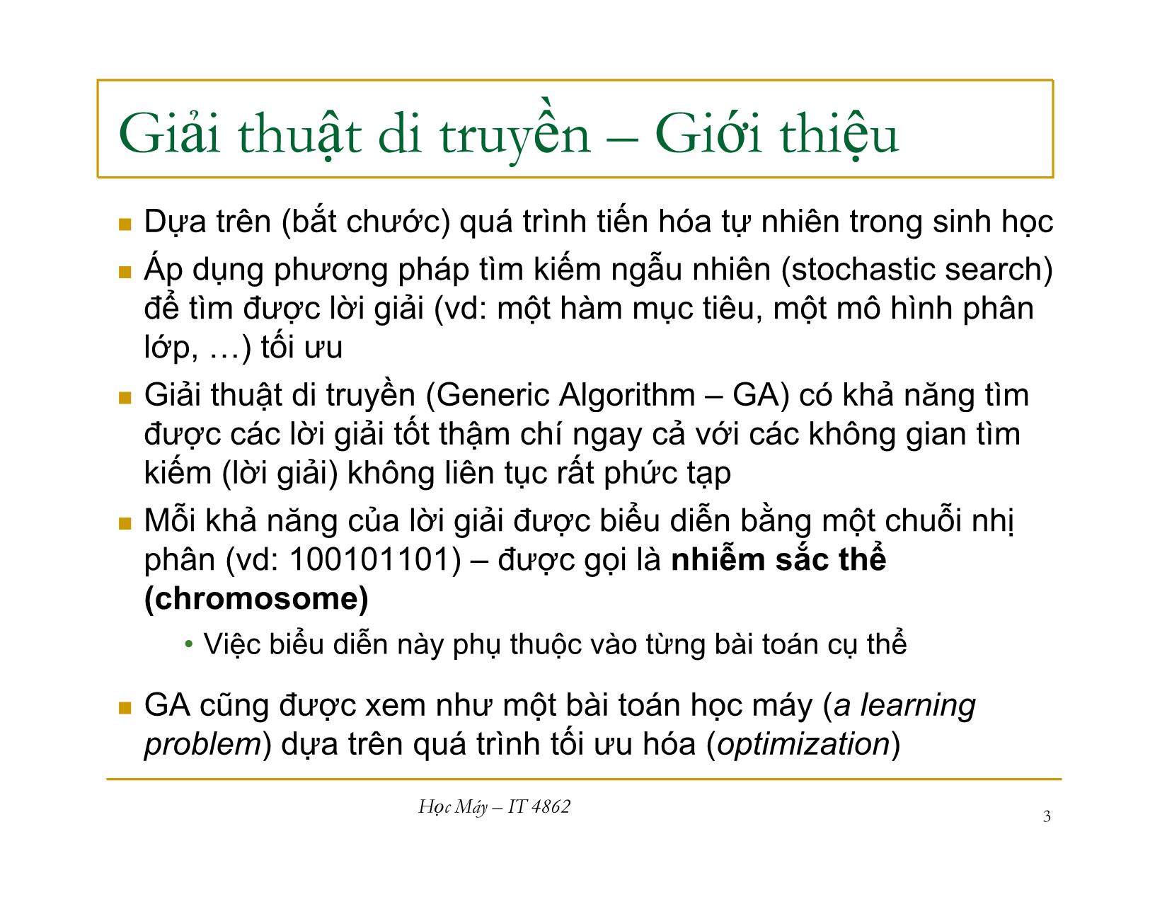 Bài giảng Học máy - Bài 10: Giải thuật di truyền - Nguyễn Nhật Quang trang 3