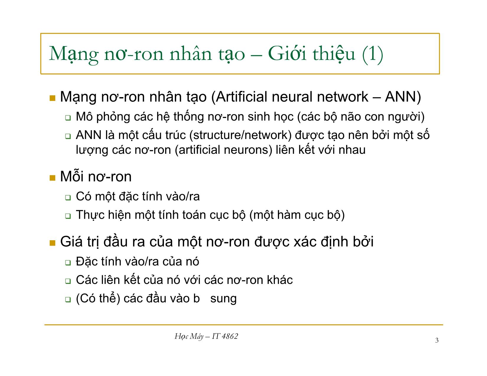 Bài giảng Học máy - Bài 8: Học mạng nơron nhân tạo - Nguyễn Nhật Quang trang 3