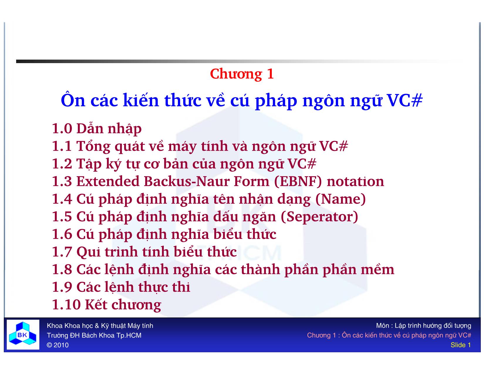 Bài giảng Lập trình hướng đối tượng - Chương 1: Ôn các kiến thức về cú pháp ngôn ngữ VC# trang 1