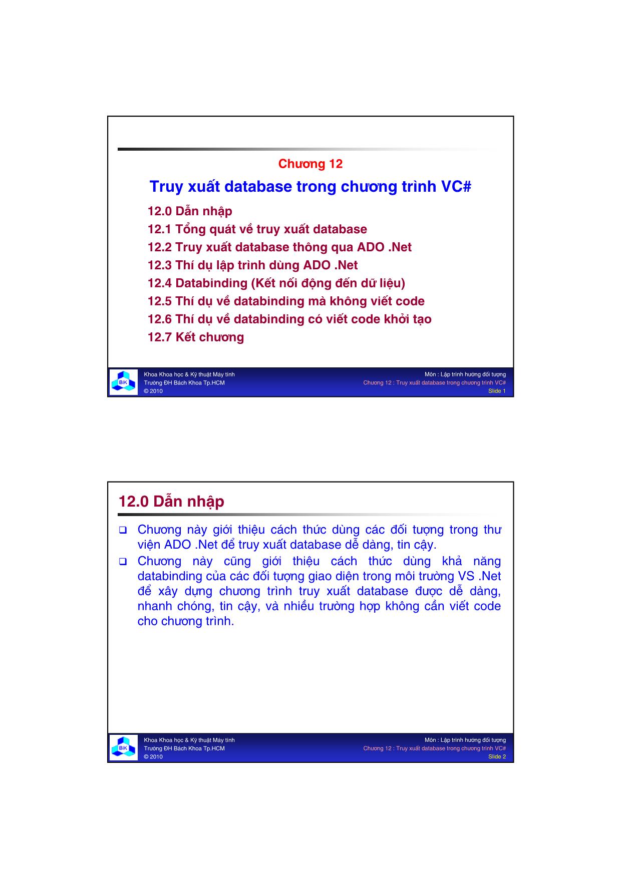 Bài giảng Lập trình hướng đối tượng - Chương 12: Truy xuất database trong chương trình VC# trang 1
