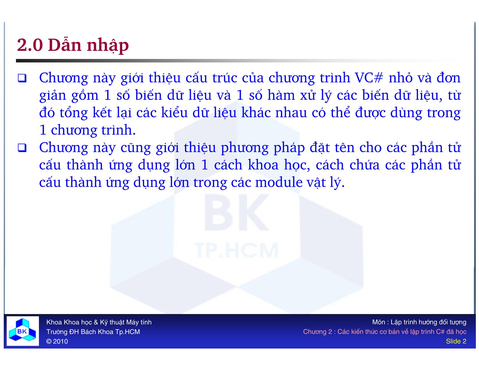 Bài giảng Lập trình hướng đối tượng - Chương 2: Các kiến thức cơ bản về lập trình C# đã học trang 2