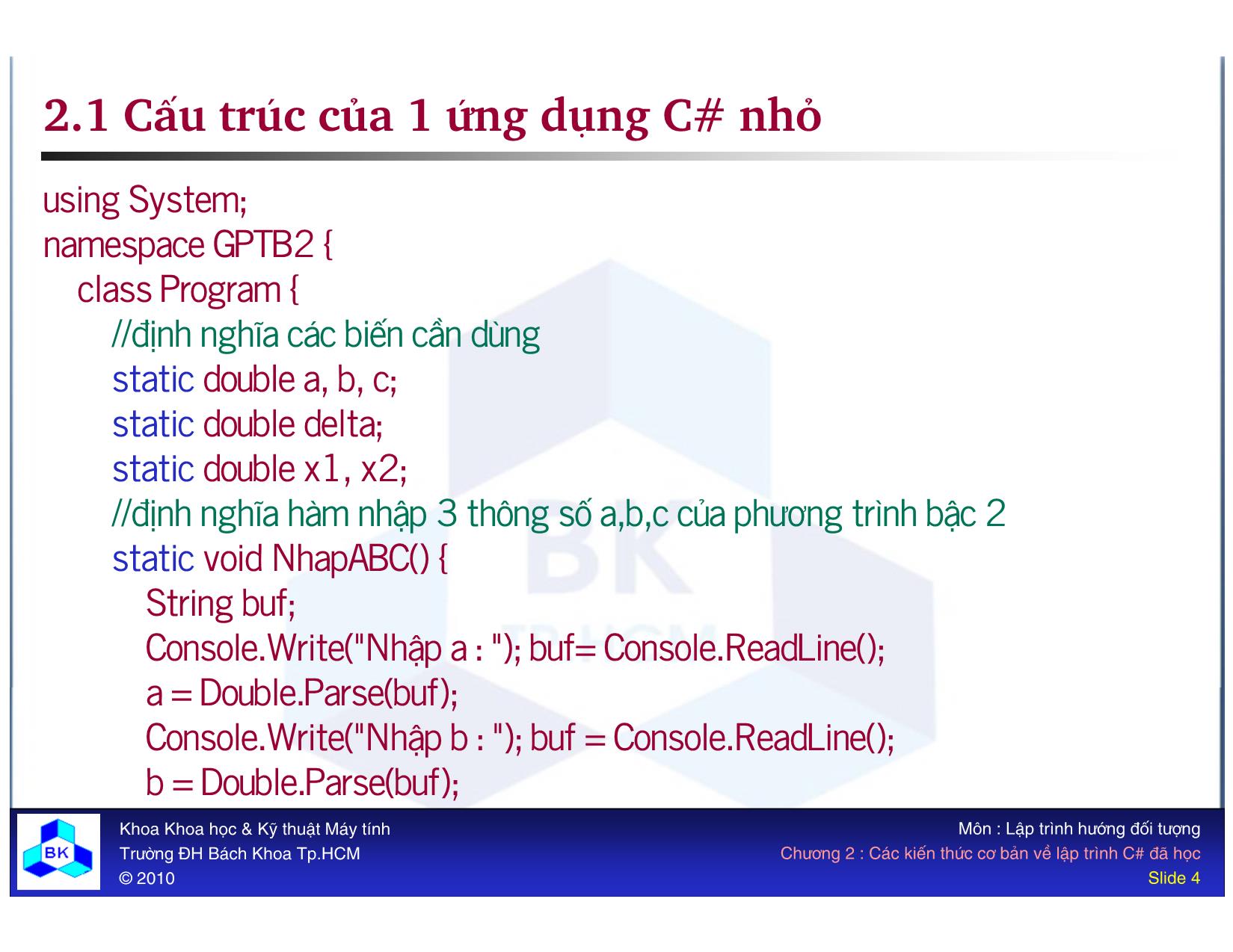 Bài giảng Lập trình hướng đối tượng - Chương 2: Các kiến thức cơ bản về lập trình C# đã học trang 4