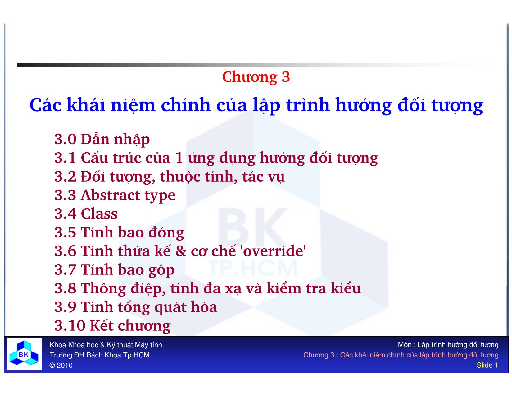 Bài giảng Lập trình hướng đối tượng - Chương 3: Các khái niệm chính của lập trình hướng đối tượng trang 1