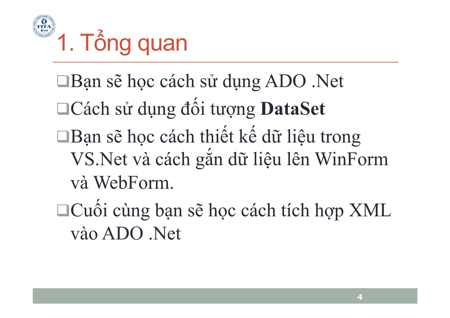 Bài giảng Microsoft.Net Platform - Chương 8: Lập trình cơ sở dữ liệu với Ado.Net - Phan Trọng Tiến trang 4