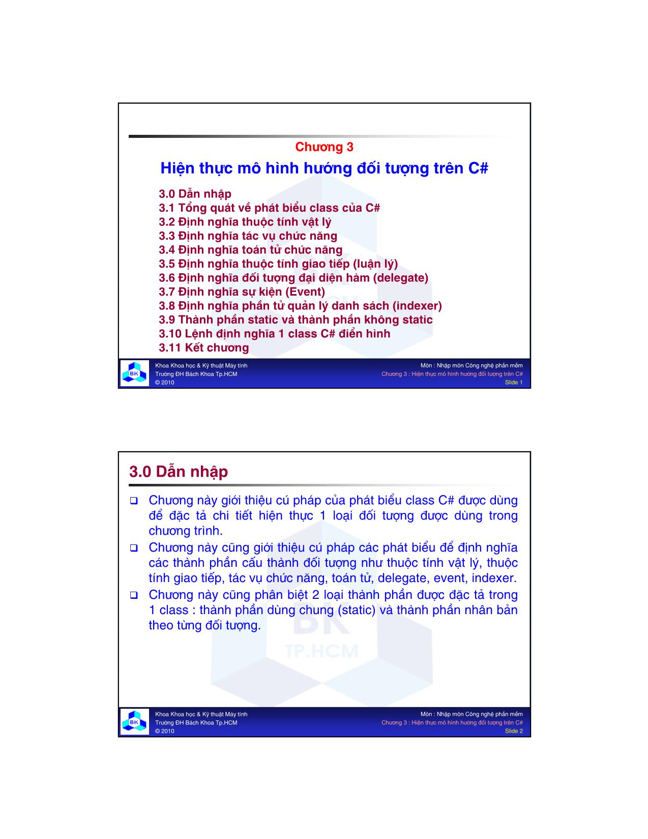 Bài giảng môn Công nghệ phần mềm - Chương 3: Hiện thực mô hình hướng đối tượng trên C# trang 1