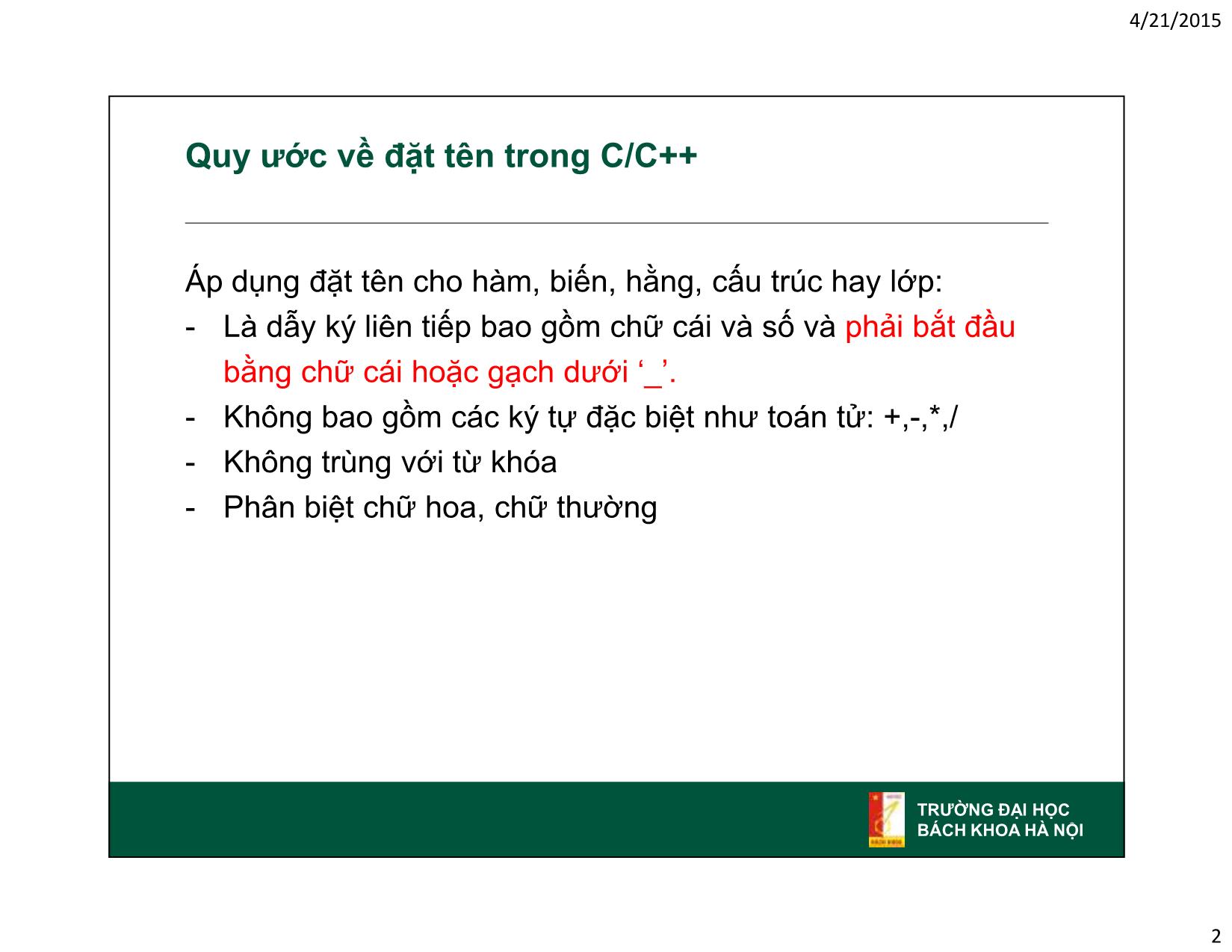 Bài giảng Ngôn ngữ lập trình C và C++ - Bài 2: Kiểu, toán tử và biểu thức - Đỗ Đăng Khoa trang 2