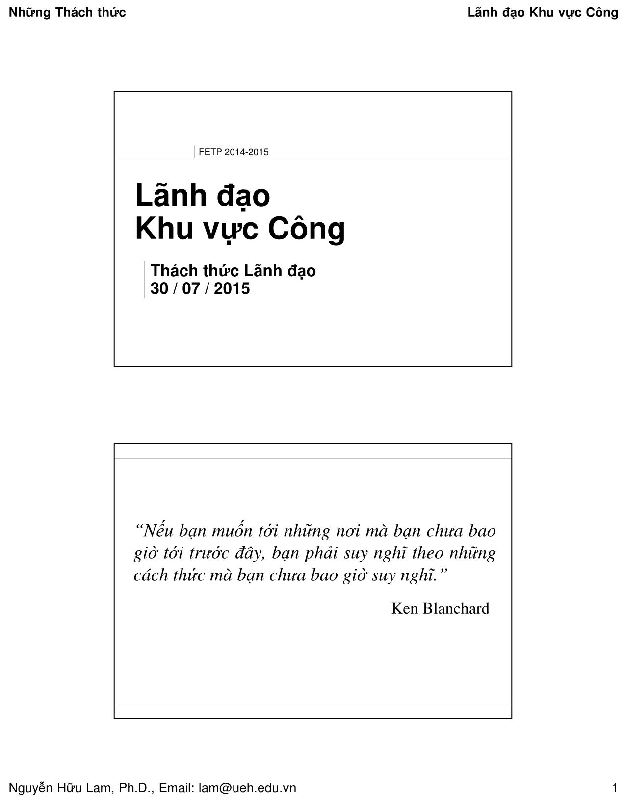 Bài giảng Quản lý công - Lãnh đạo khu vực công - Nguyễn Hữu Lam trang 1
