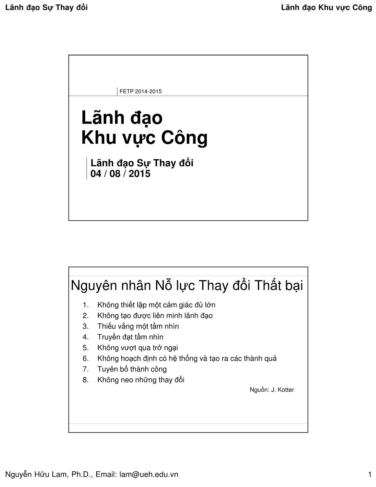 Bài giảng Quản lý công - Lãnh đạo sự thay đổi - Nguyễn Hữu Lam trang 1