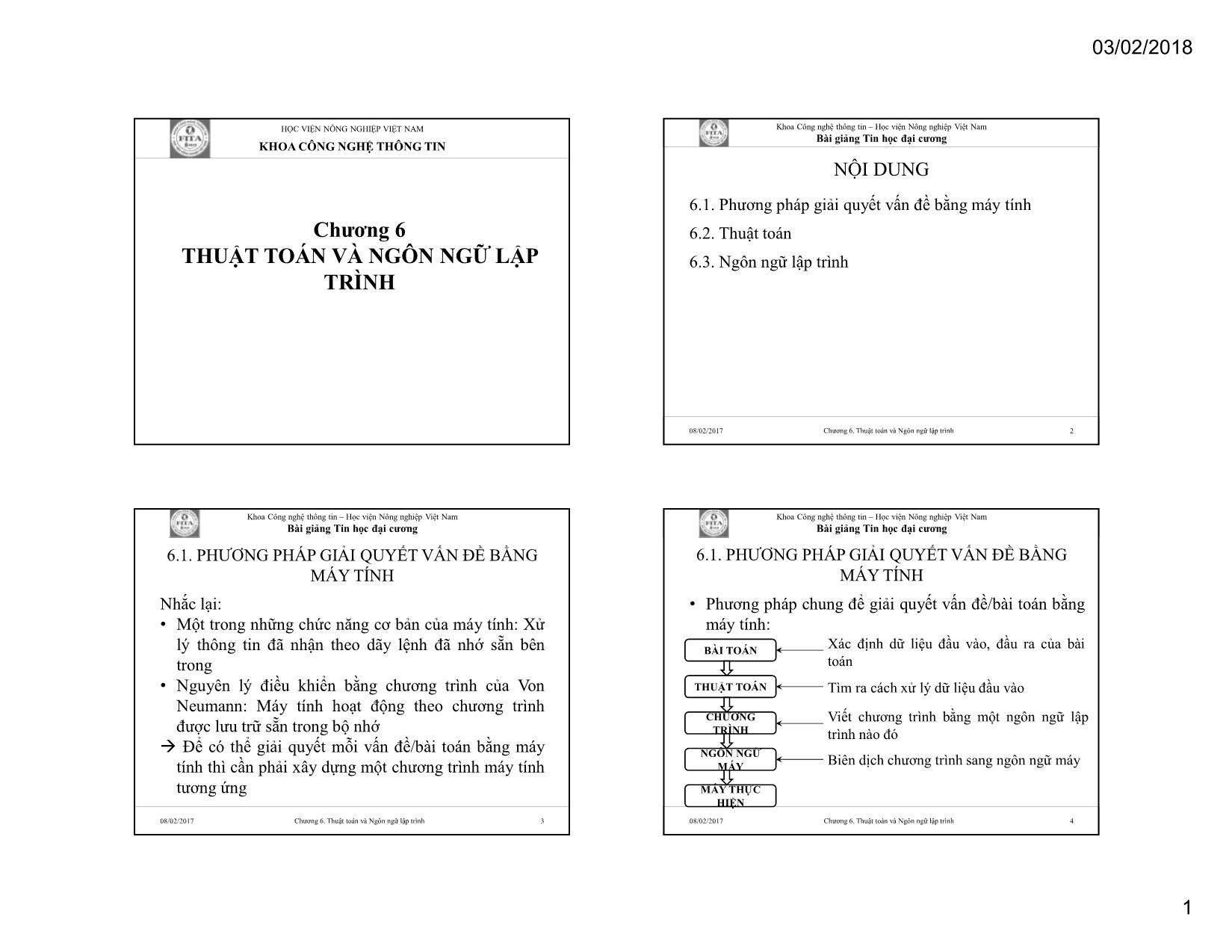 Bài giảng Tin học đại cương - Chương 6: Thuật toán và ngôn ngữ lập trình trang 1