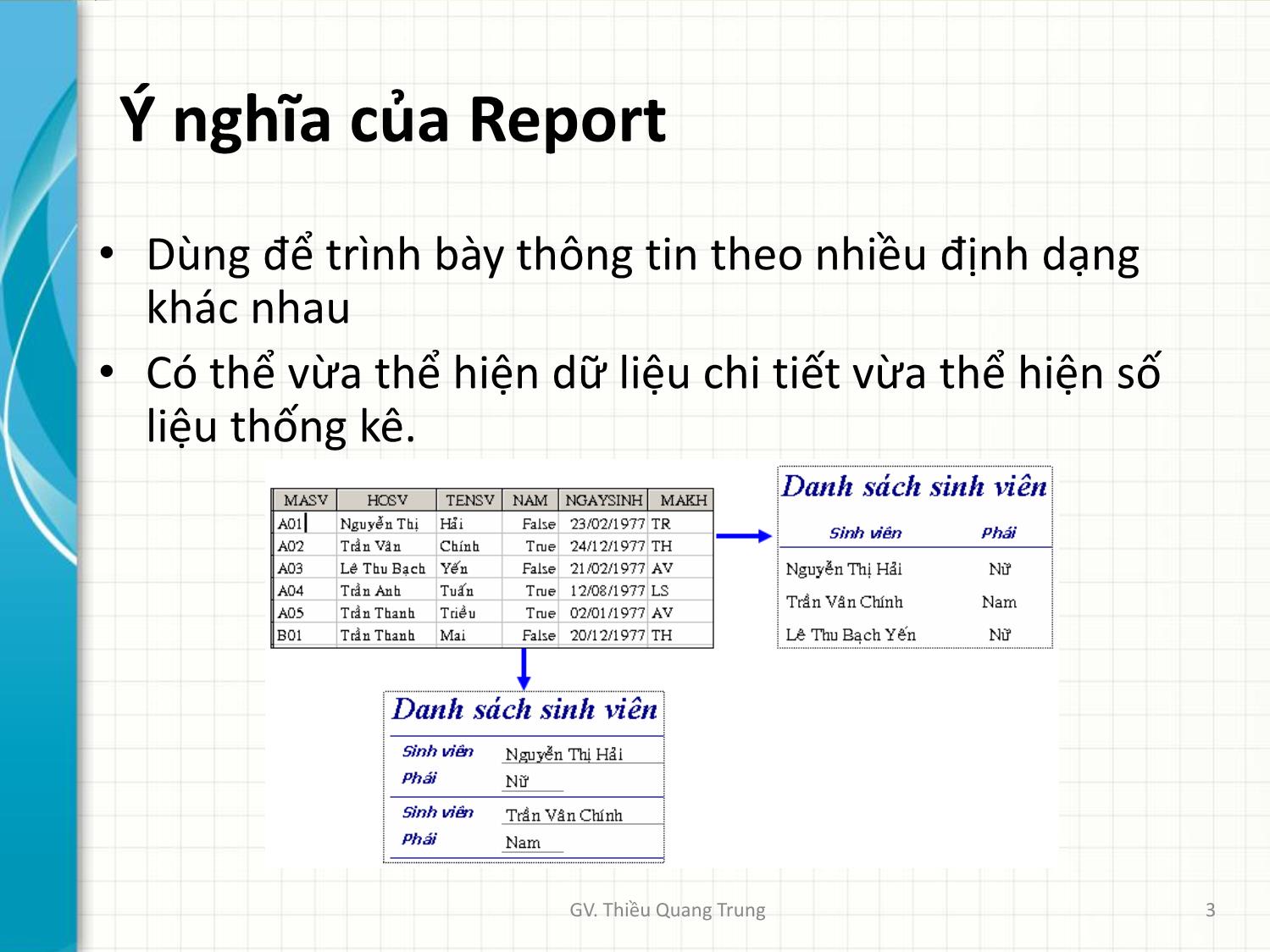 Bài giảng Tin học ứng dụng trong kinh doanh - Chương5: Thiết kế báo biểu reports - Thiều Quang Trung trang 3
