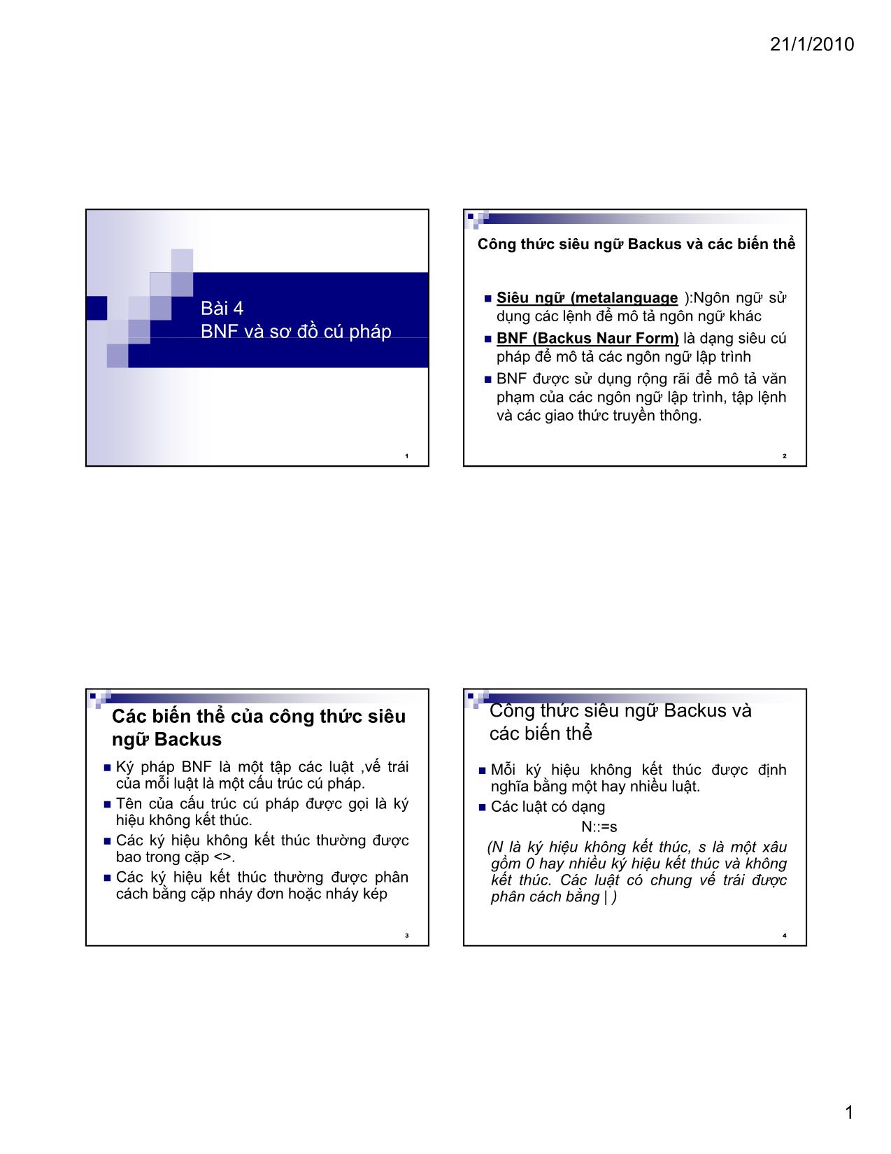 Bài giảng Xây dựng chương trình dịch - Bài 4: BNF và sơ đồ cú pháp - Nguyễn Thị Thu Hương trang 1