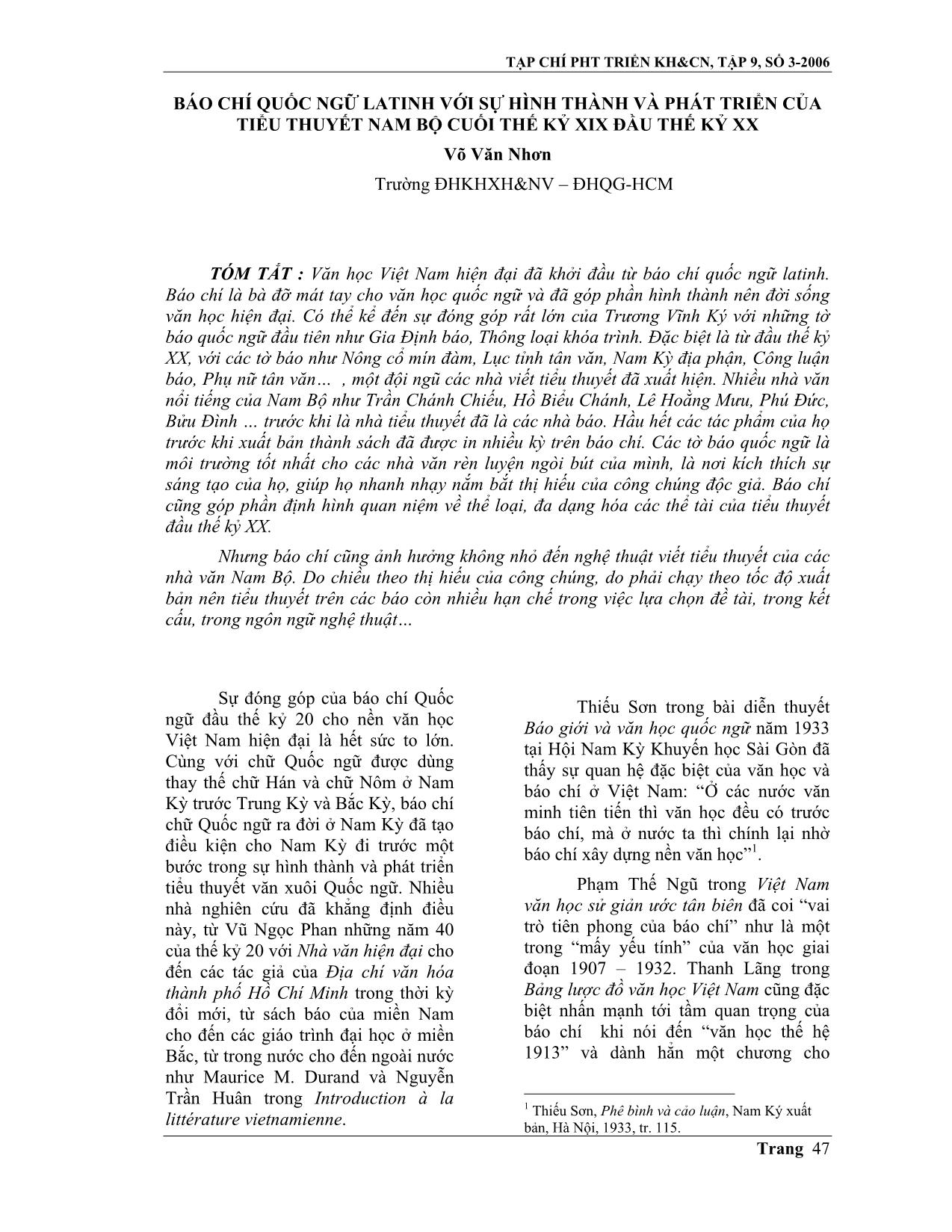 Báo chí quốc ngữ Latinh với sự hình thành và phát triển của tiểu thuyết Nam Bộ cuối thế kỷ XIX đầu thế kỷ XX trang 1