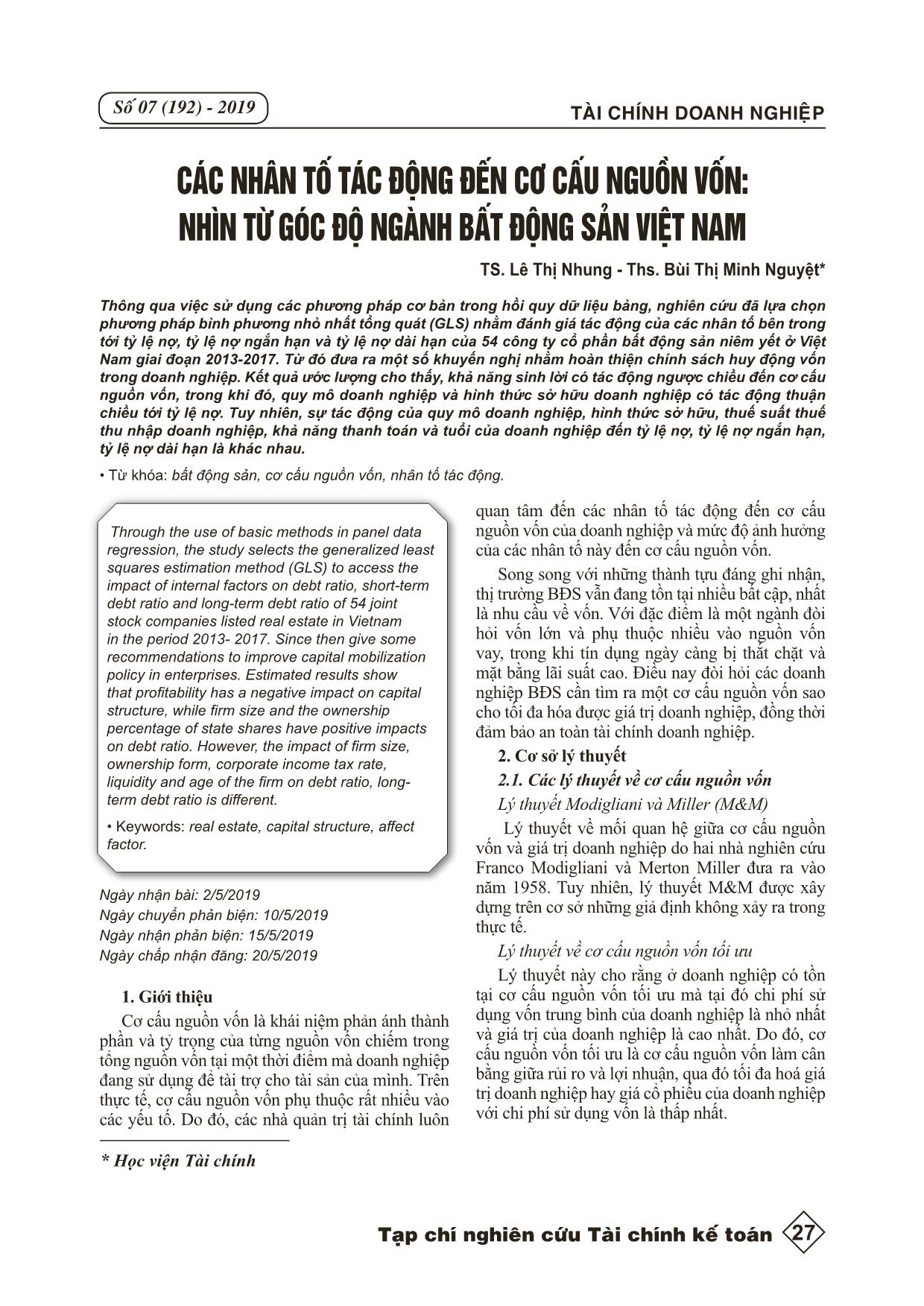 Các nhân tố tác động đến cơ cấu nguồn vốn: nhìn từ góc độ ngành bất động sản Việt Nam trang 1