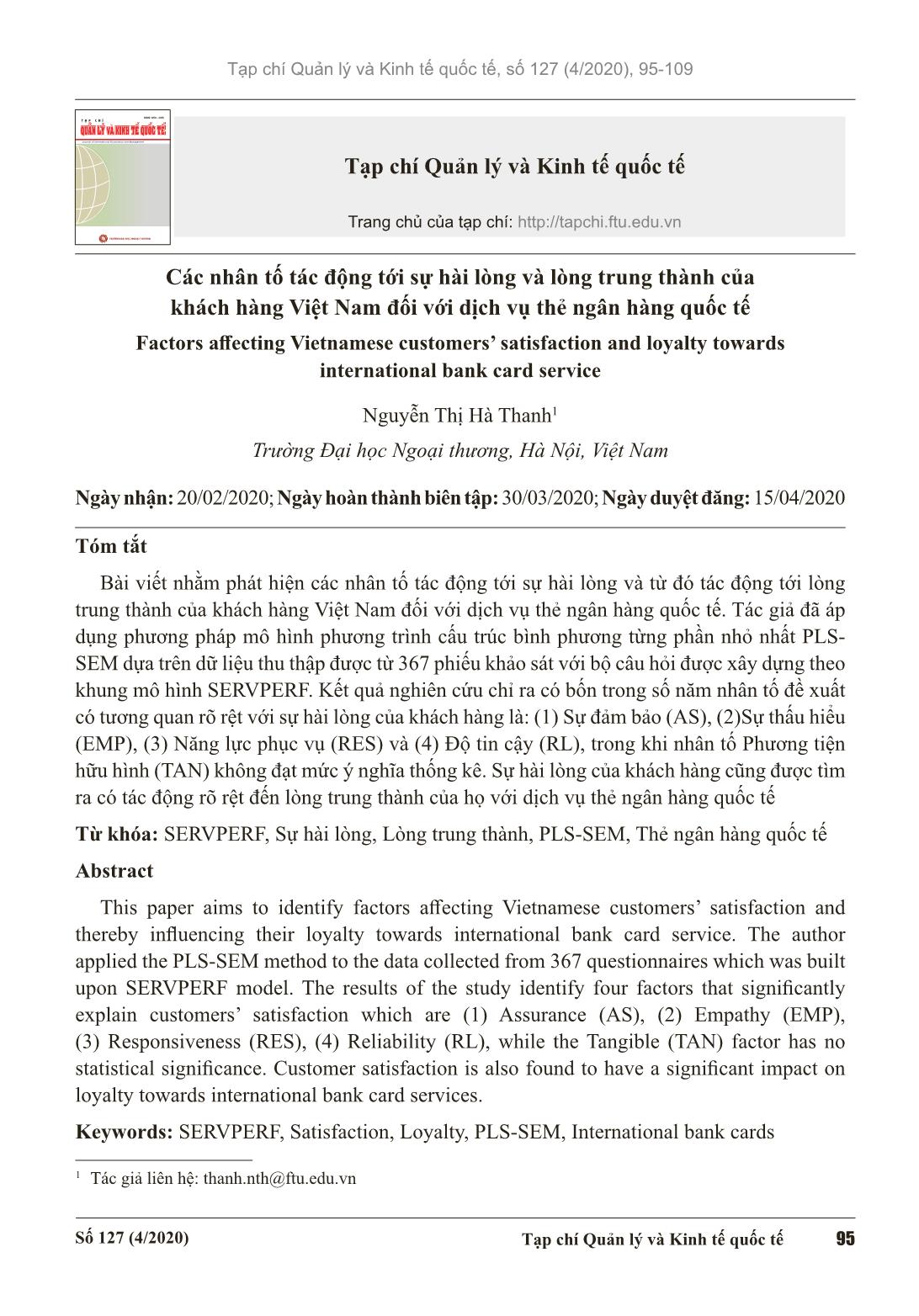 Các nhân tố tác động tới sự hài lòng và lòng trung thành của khách hàng Việt Nam đối với dịch vụ thẻ ngân hàng quốc tế trang 1