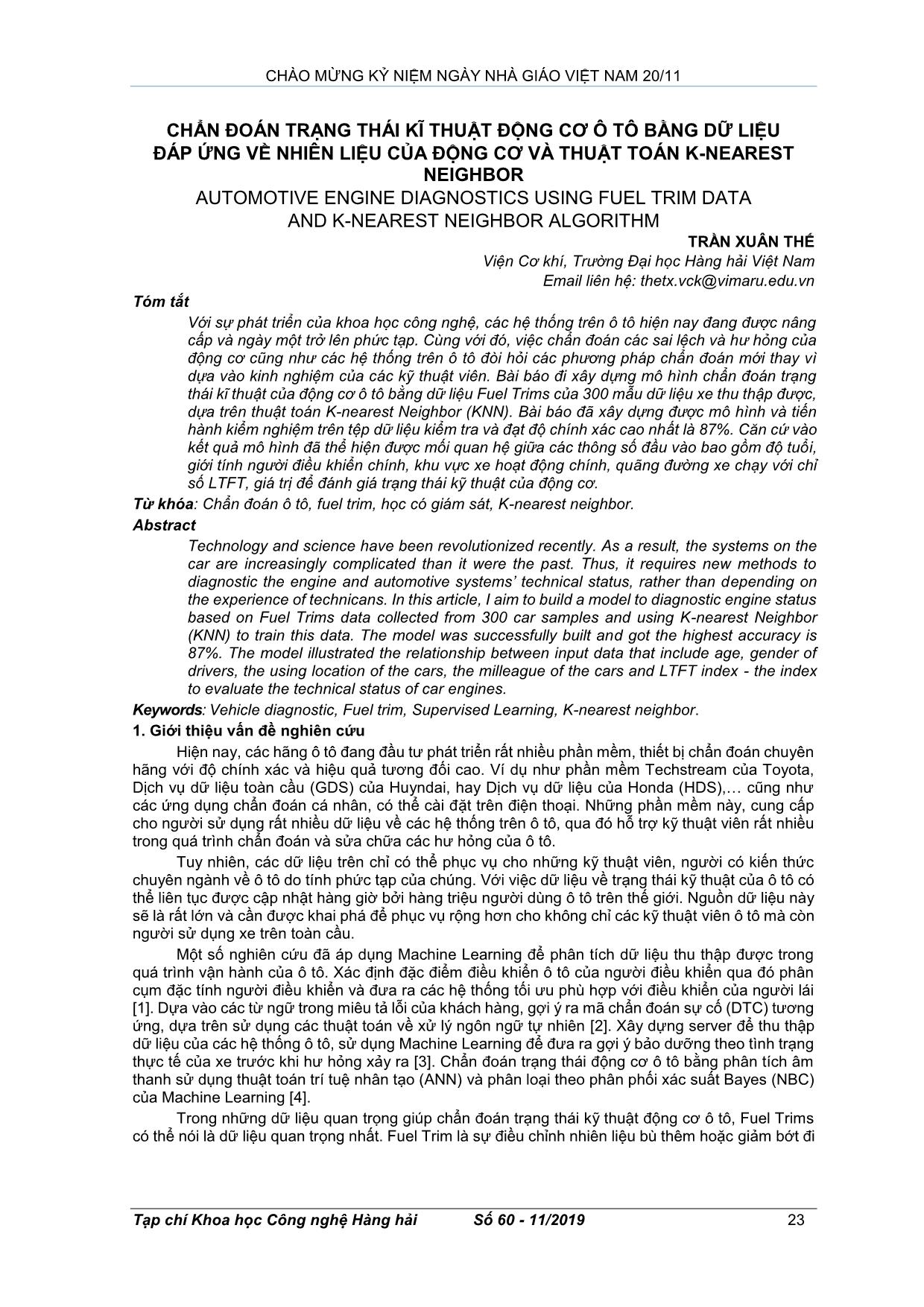 Chẩn đoán trạng thái kĩ thuật động cơ ô tô bằng dữ liệu đáp ứng về nhiên liệu của động cơ và thuật toán K-Nearest Neighbor trang 1