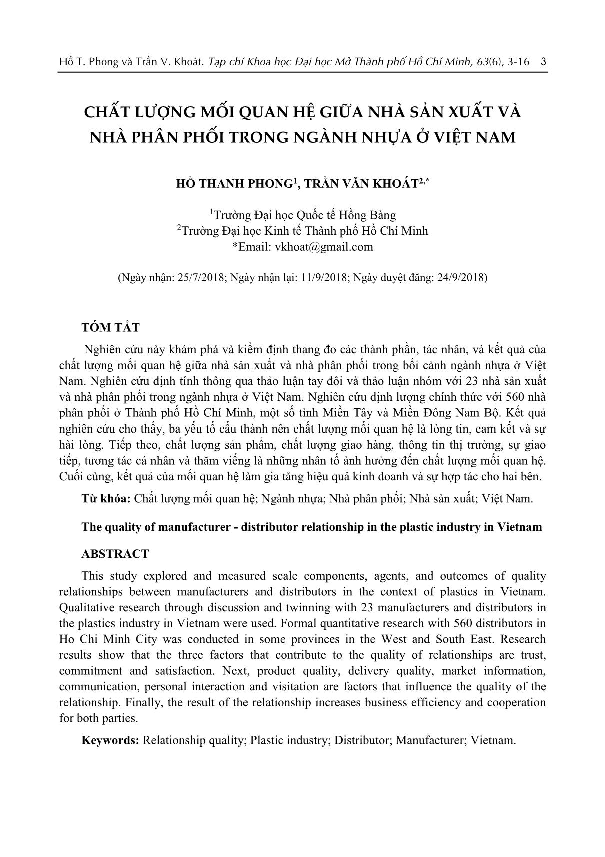Chất lượng mối quan hệ giữa nhà sản xuất và nhà phân phối trong ngành nhựa ở Việt Nam trang 1