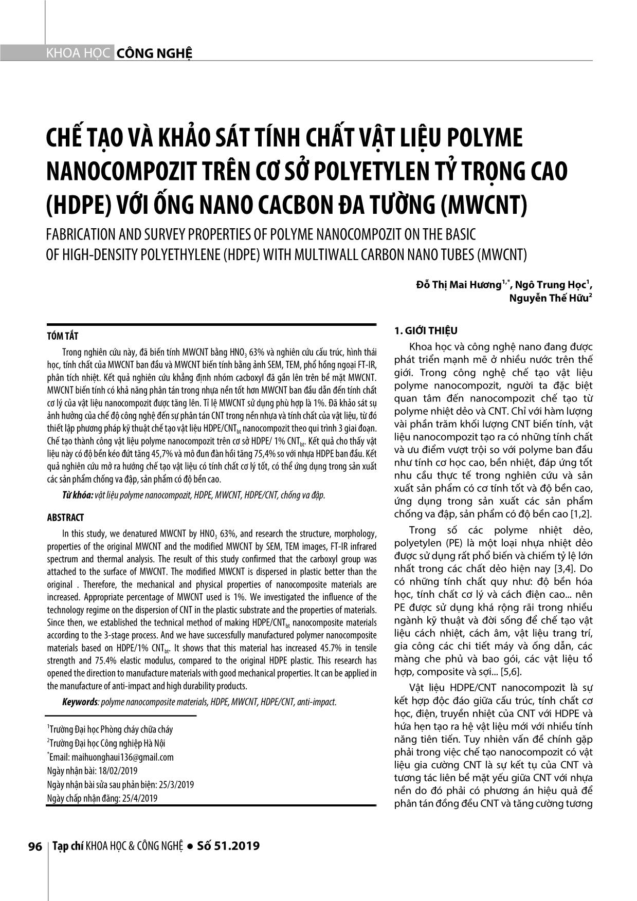 Chế tạo và khảo sát tính chất vật liệu polyme nanocompozit trên cơ sở polyetylen tỷ trọng cao (HDPE) với ống nano cacbon đa tường (MWCNT) trang 1
