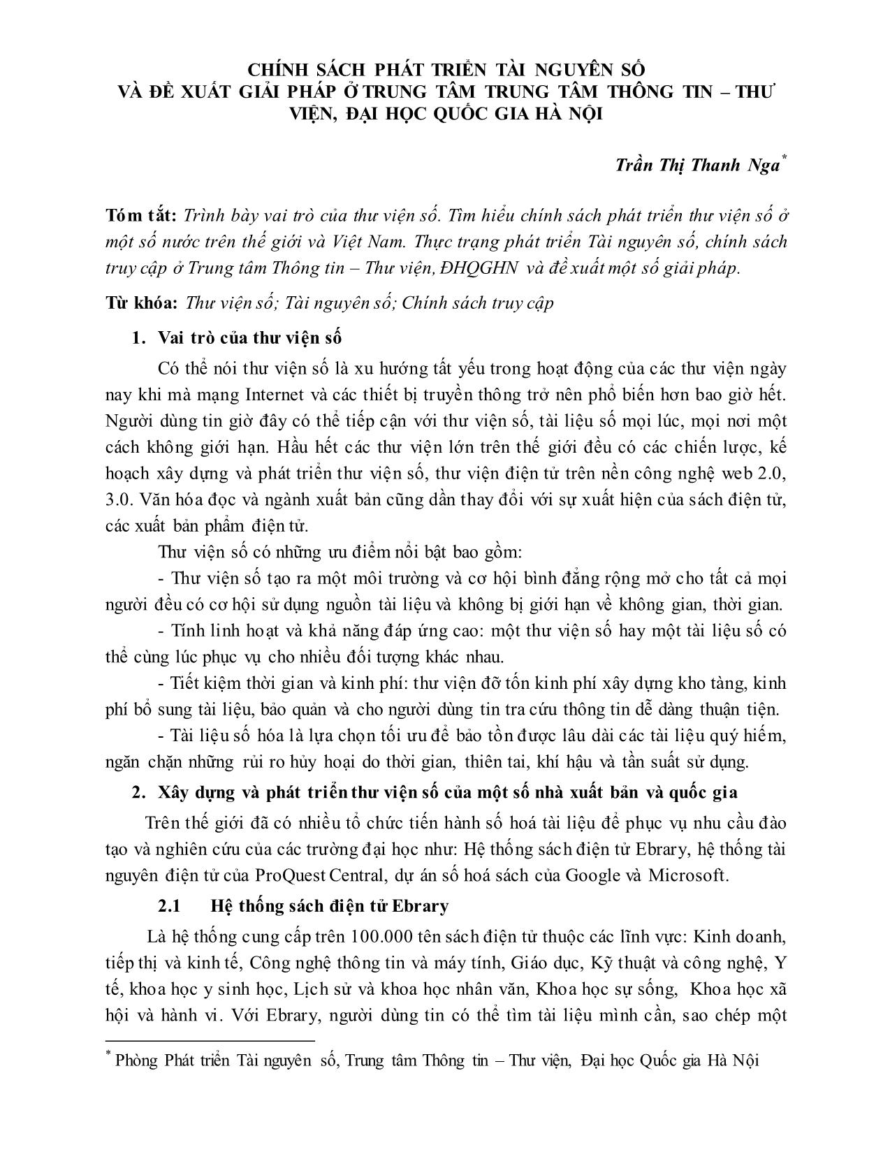Chính sách phát triển tài nguyên số và đề xuất giải pháp ở trung tâm trung tâm thông tin – thư viện, Đại học quốc gia Hà Nội trang 1