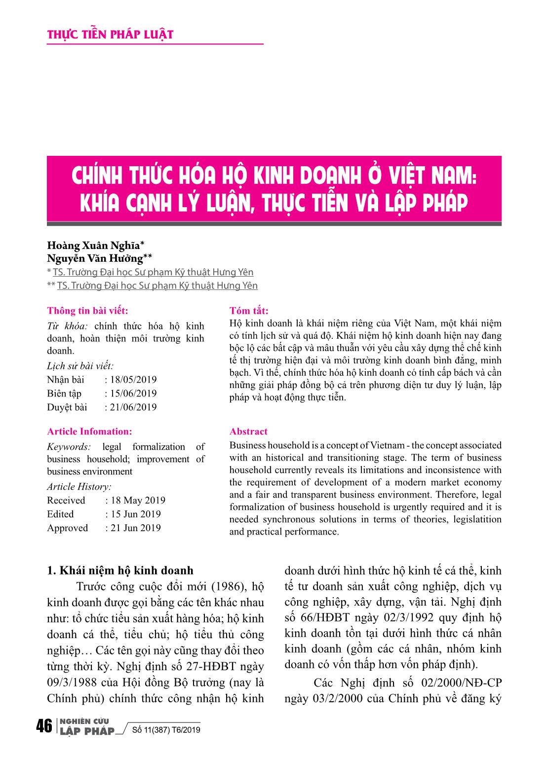 Chính thức hóa hộ kinh doanh ở Việt Nam: Khía cạnh lý luận, thực tiễn và lập pháp trang 1