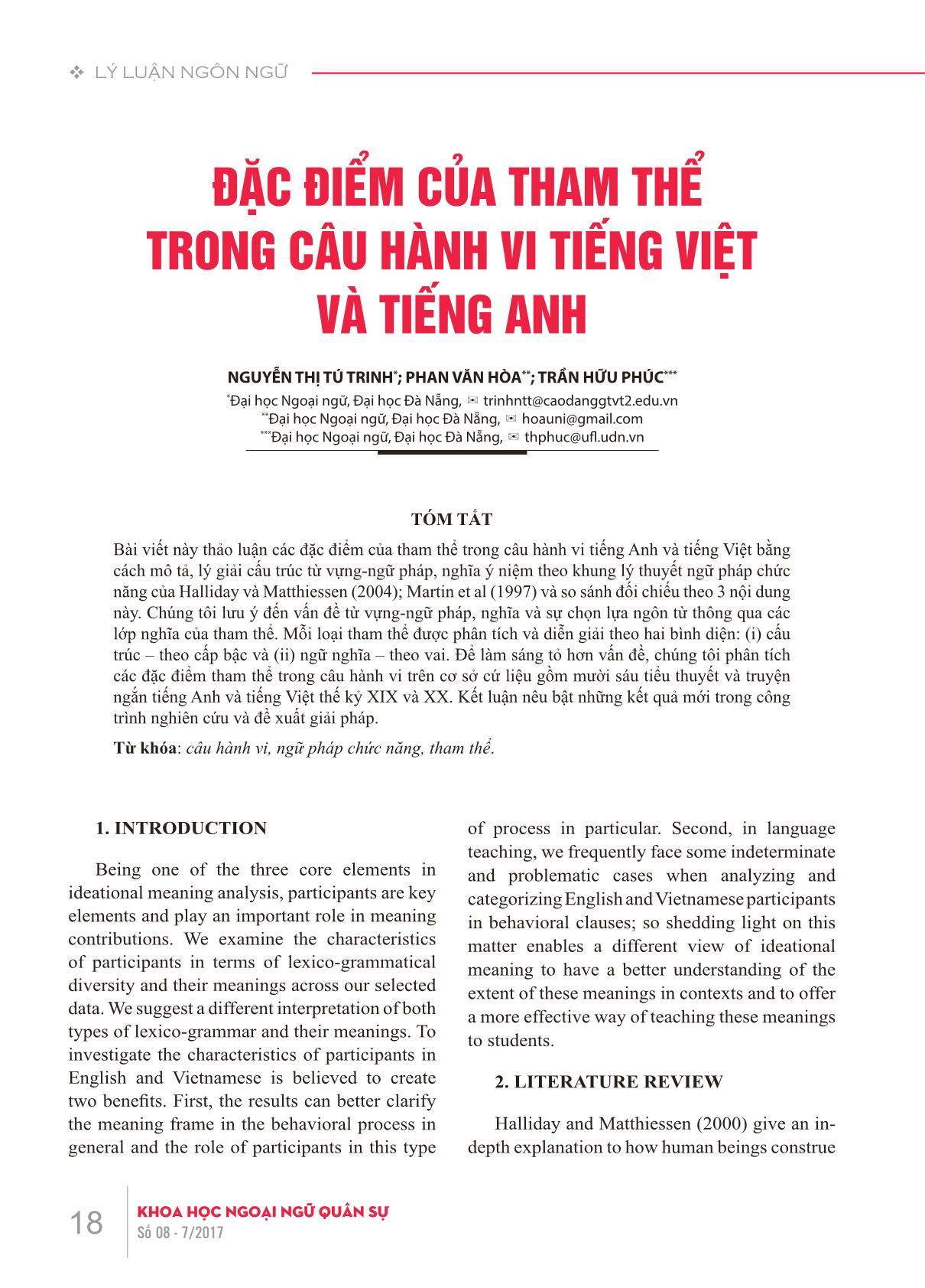 Đặc điểm của tham thể trong câu hành vi Tiếng Việt và Tiếng Anh trang 1