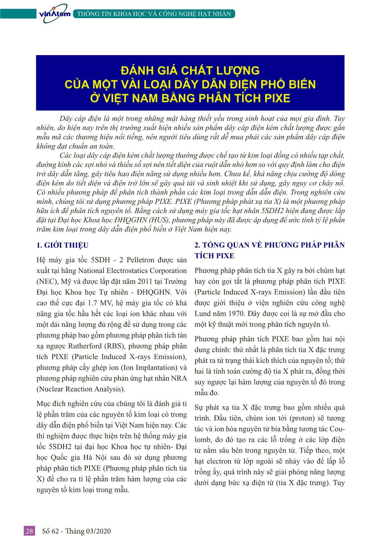 Đánh giá chất lượng của một vài loại dây dẫn điện phổ biến ở Việt Nam bằng phân tích pixe trang 1