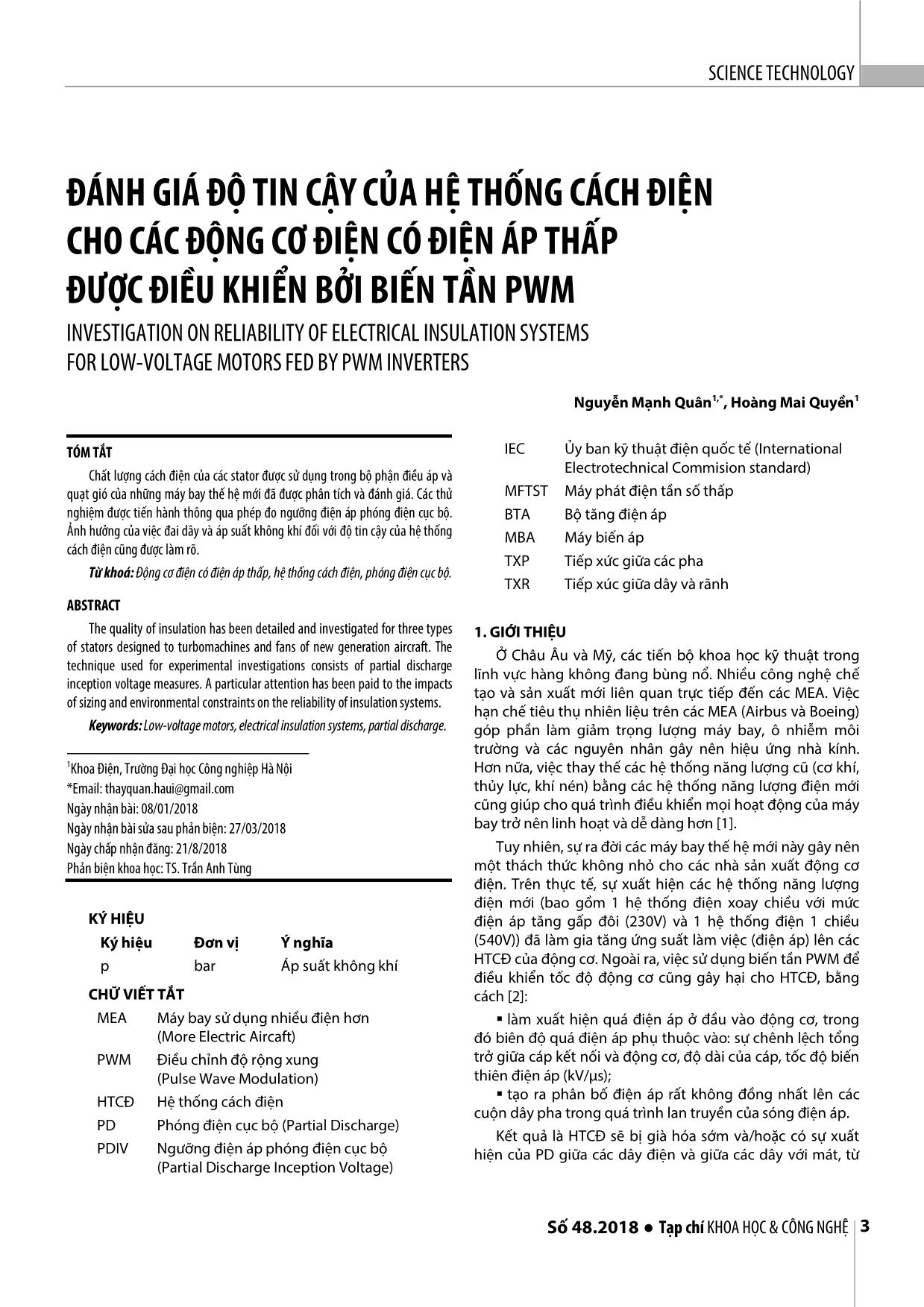 Đánh giá độ tin cậy của hệ thống cách điện cho các động cơ điện có điện áp thấp được điều khiển bởi biến tần PWM trang 1