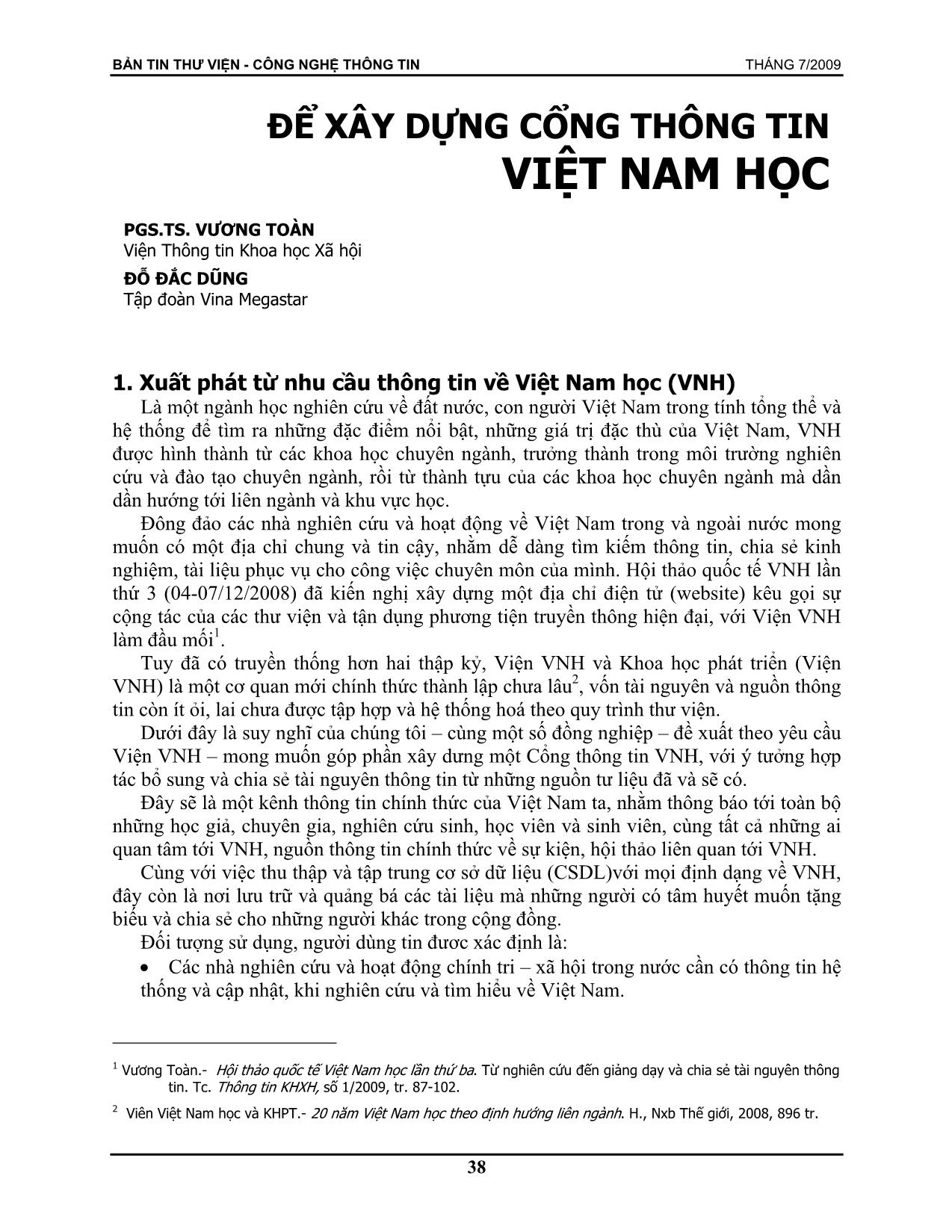 Để xây dựng cổng thông tin Việt Nam học trang 1