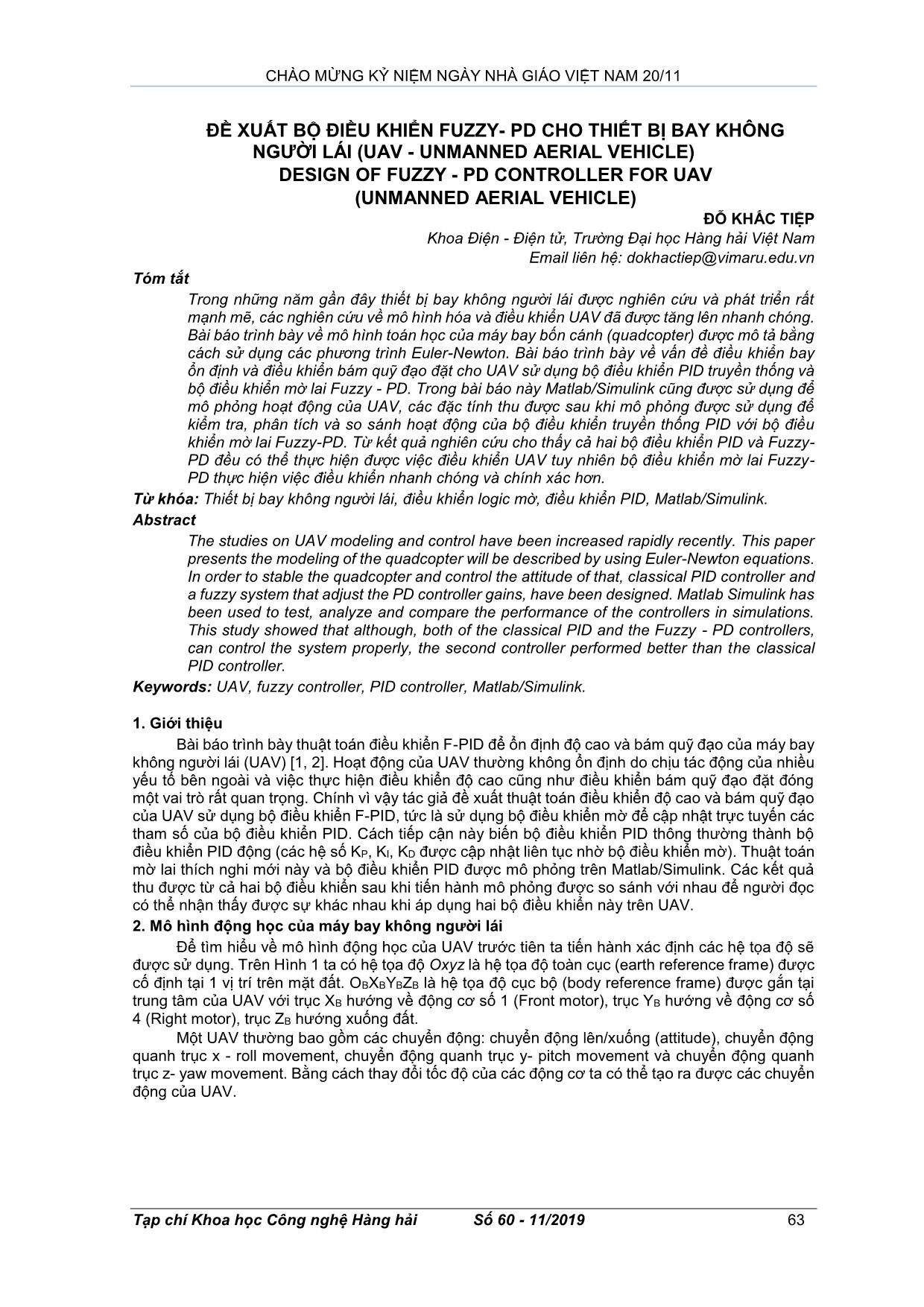 Đề xuất bộ điều khiển Fuzzy- PD cho thiết bị bay không người lái (uav - unmanned aerial vehicle) design of fuzzy - pd controller for uav (unmanned aerial vehicle) trang 1