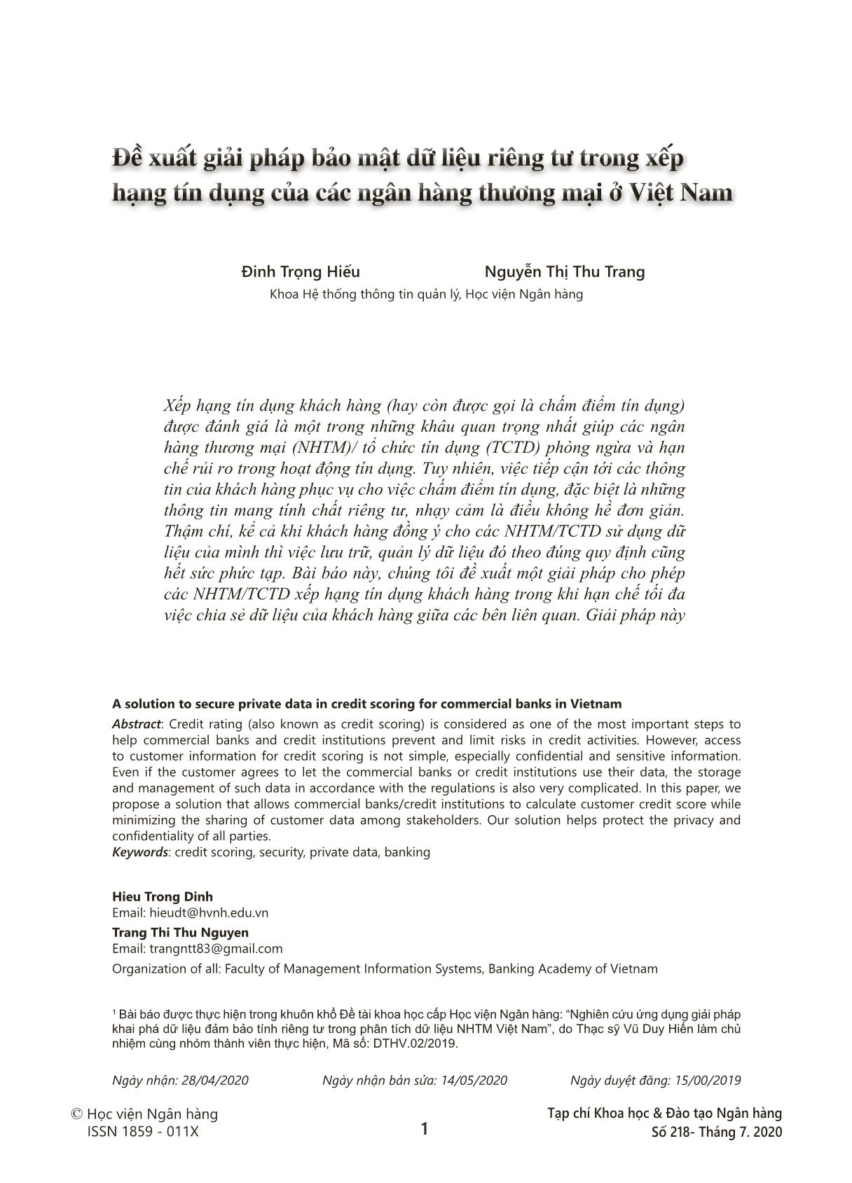 Đề xuất giải pháp bảo mật dữ liệu riêng tư trong xếp hạng tín dụng của các ngân hàng thương mại ở Việt Nam trang 1