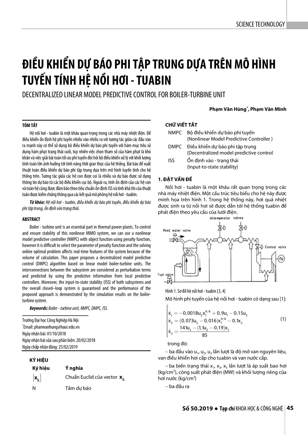 Điều khiển dự báo phi tập trung dựa trên mô hình tuyến tính hệ nồi hơi - Tuabin trang 1