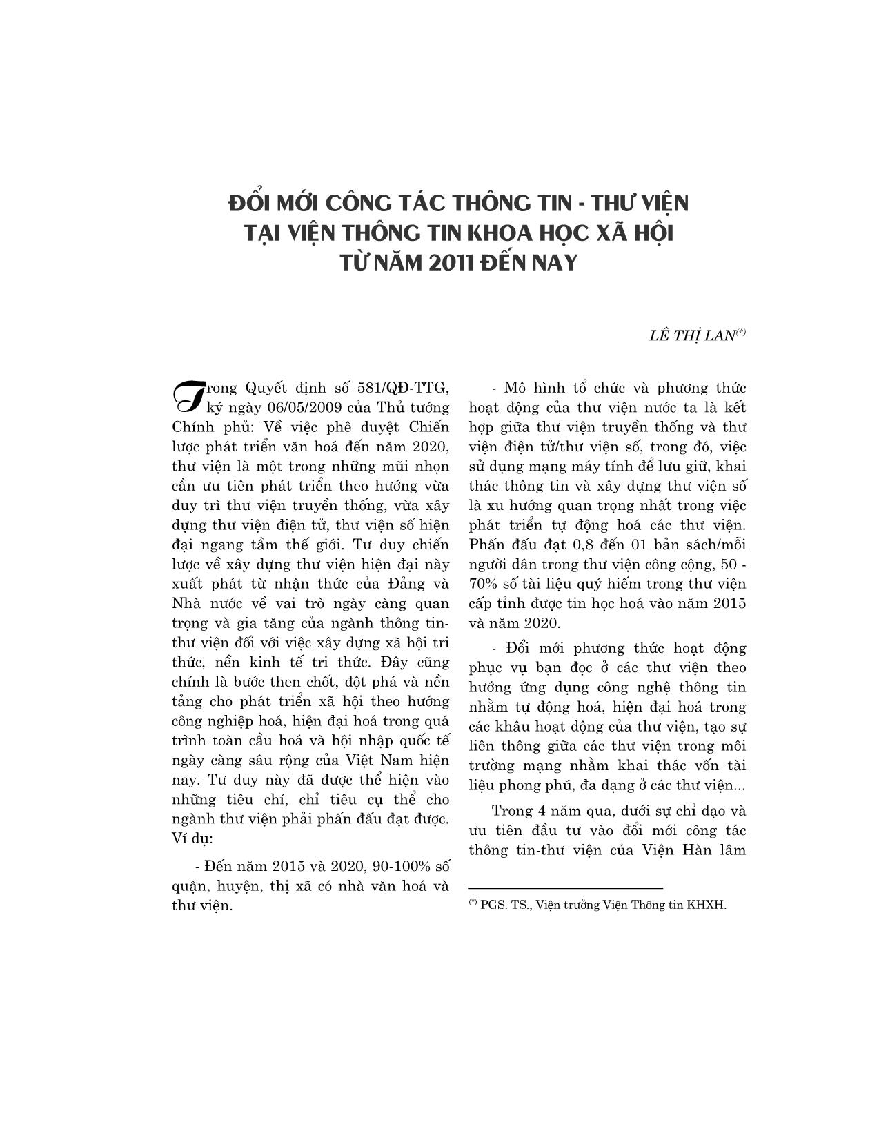 Đổi mới công tác thông tin - Thư viện tại viện thông tin khoa học xã hội từ năm 2011 đến nay trang 1