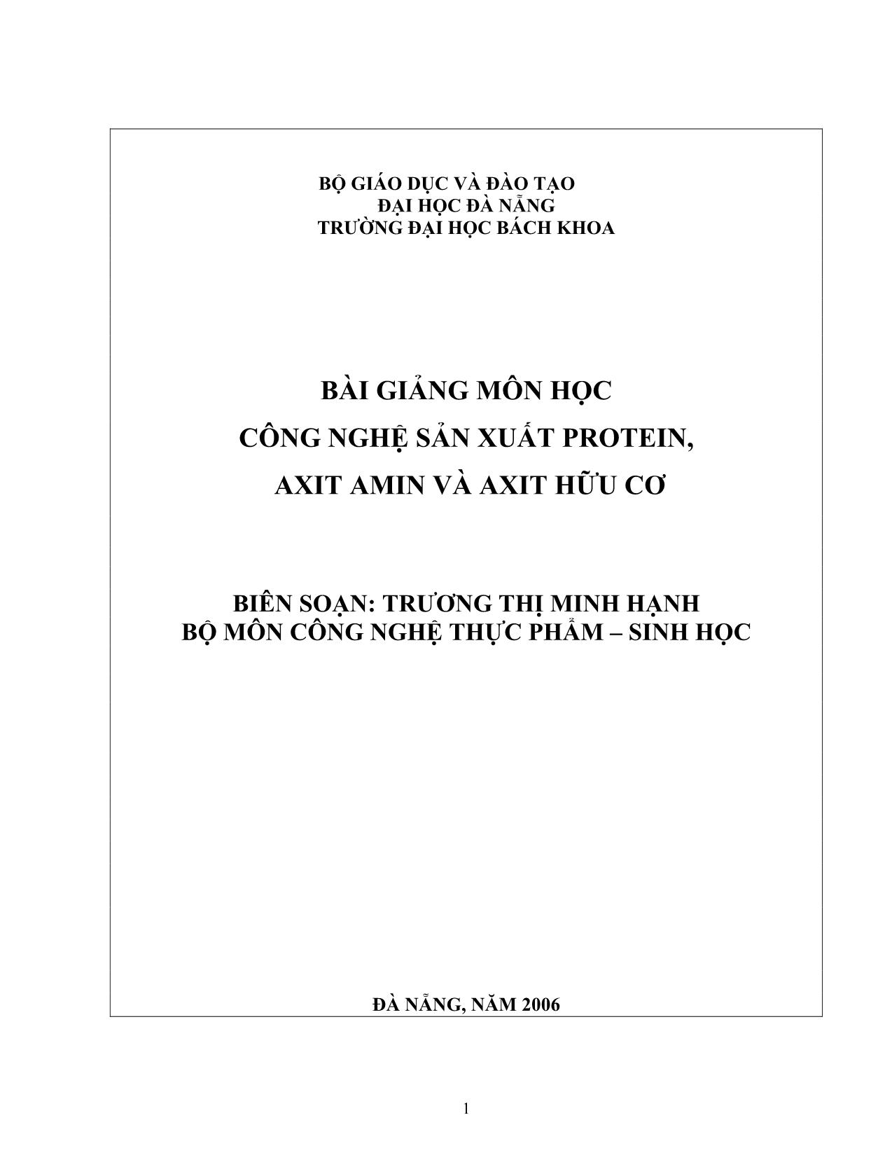 Giáo trình Công nghệ sản xuất protein, axit amin và axit hữu cơ trang 1